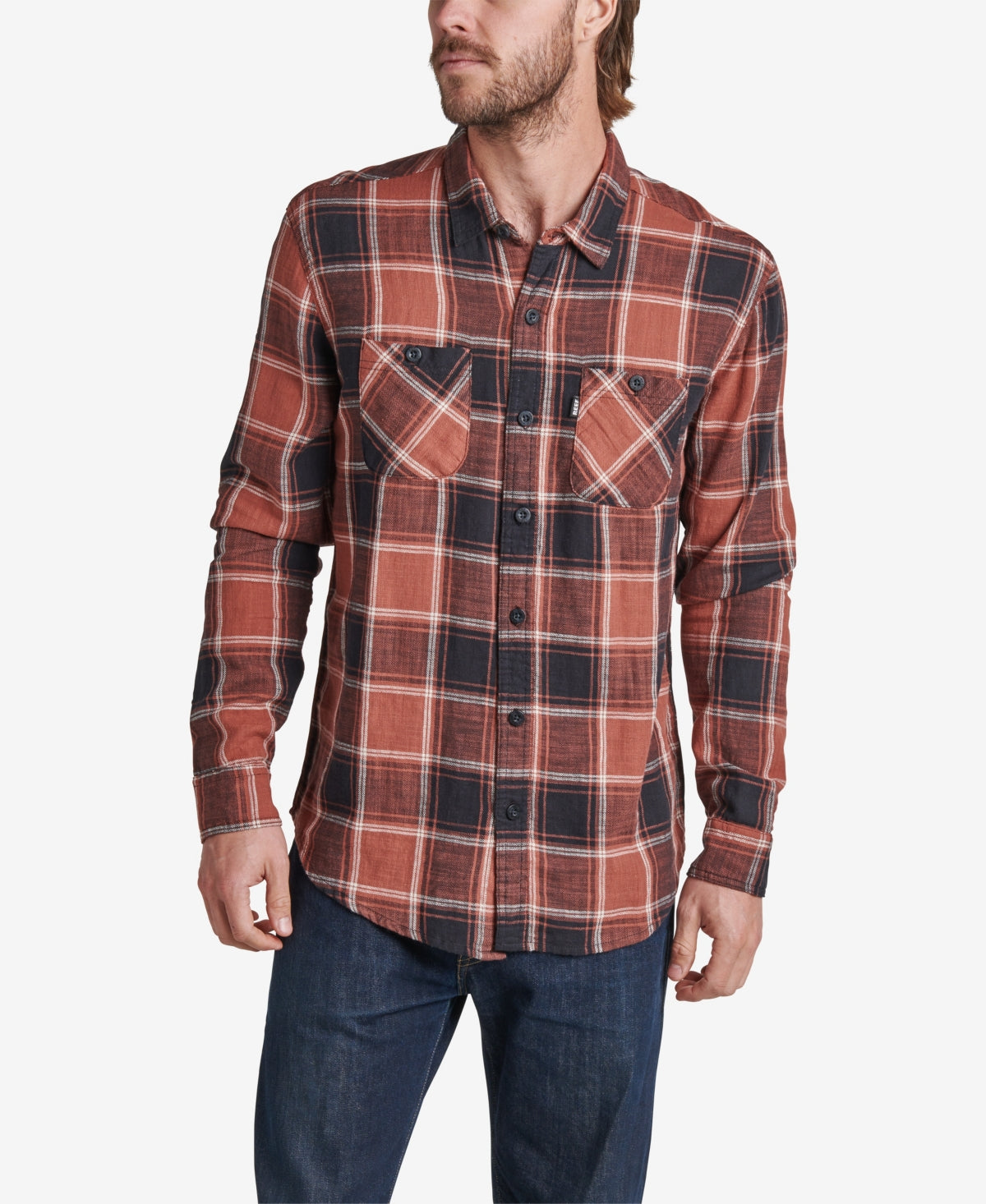 Reef Mens Hedford Plaid Button down Shirt Reef Rust copper Orange Small