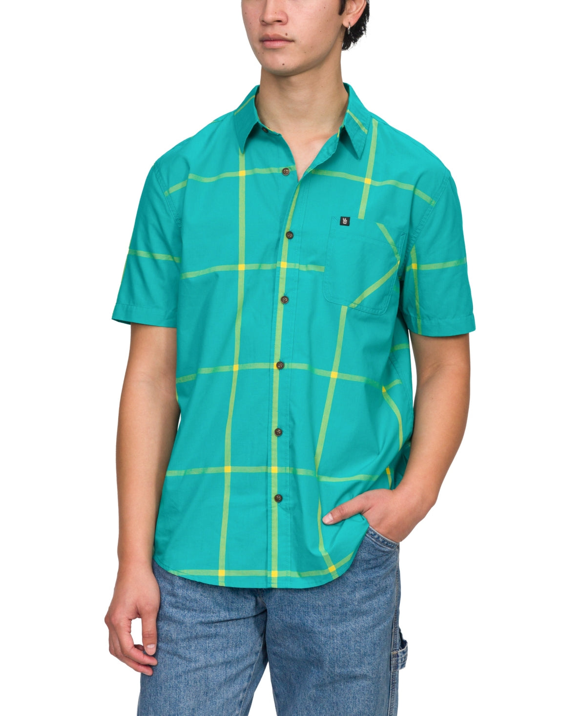 Junk Food Mens Guffy Short Sleeve Button Down Shirt Blue Green Medium