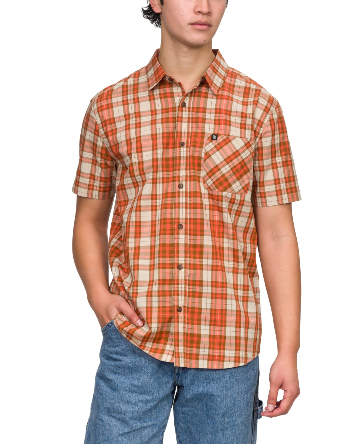 JUNK FOOD Men's Brighton Short Sleeve Woven Button Down Shirt Red Orange 2XL