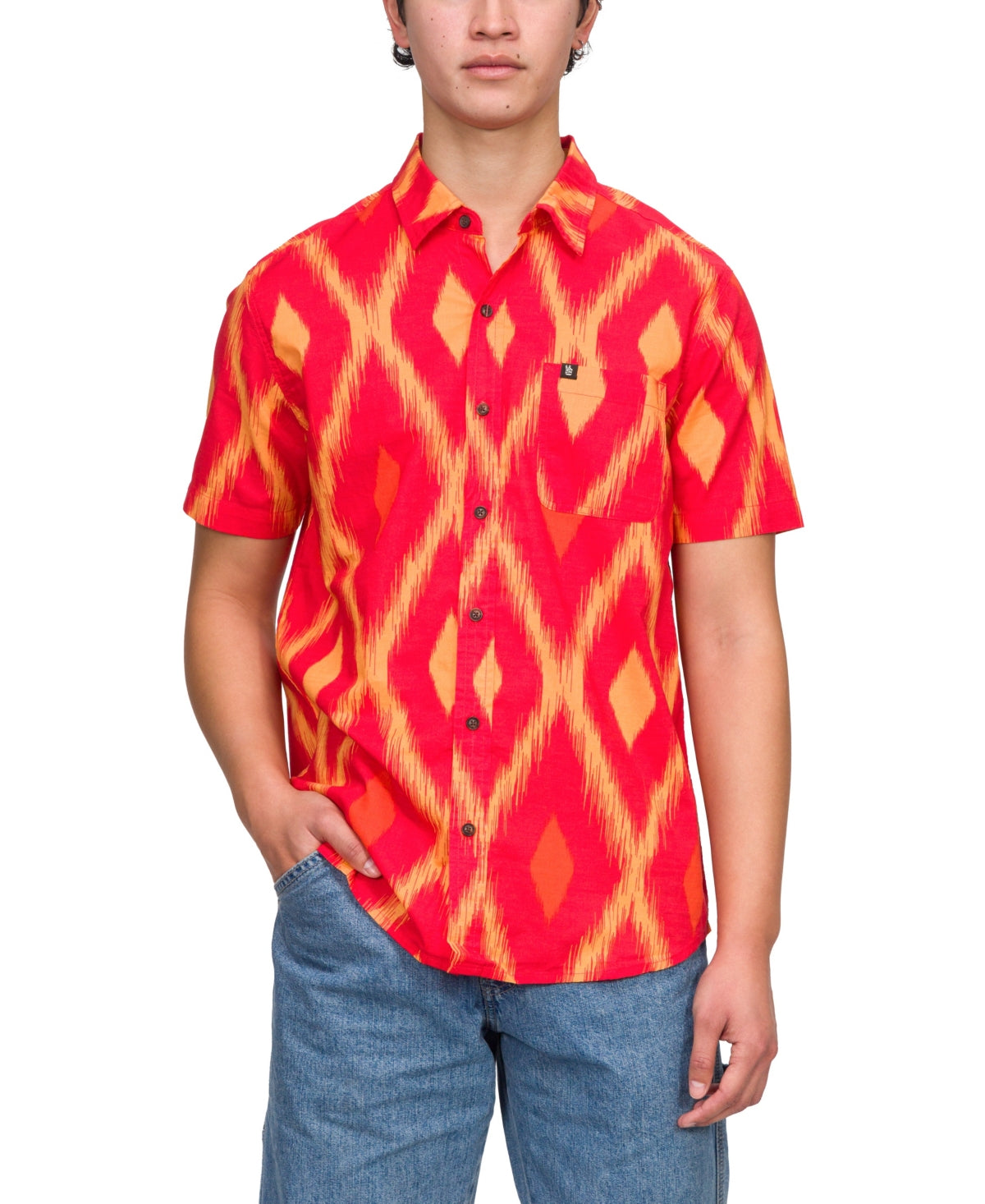 JUNK FOOD Men's Martel Short Sleeve Woven Button Down Shirt Aurora Red Small