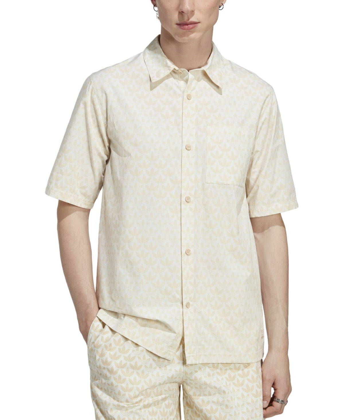 Adidas Men's Monogram Logo Button Down Shirt Sand Beige Medium