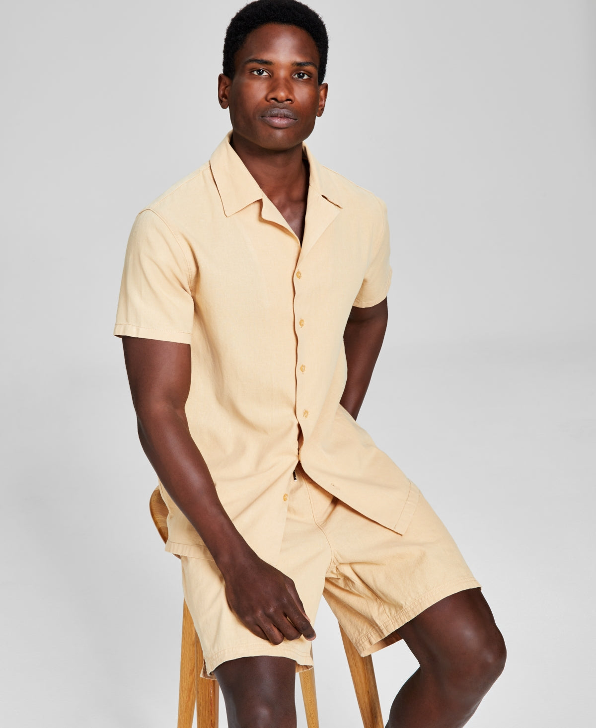 And Now This Men's Classic-Fit Button-Down Camp Shirt Sand Medium