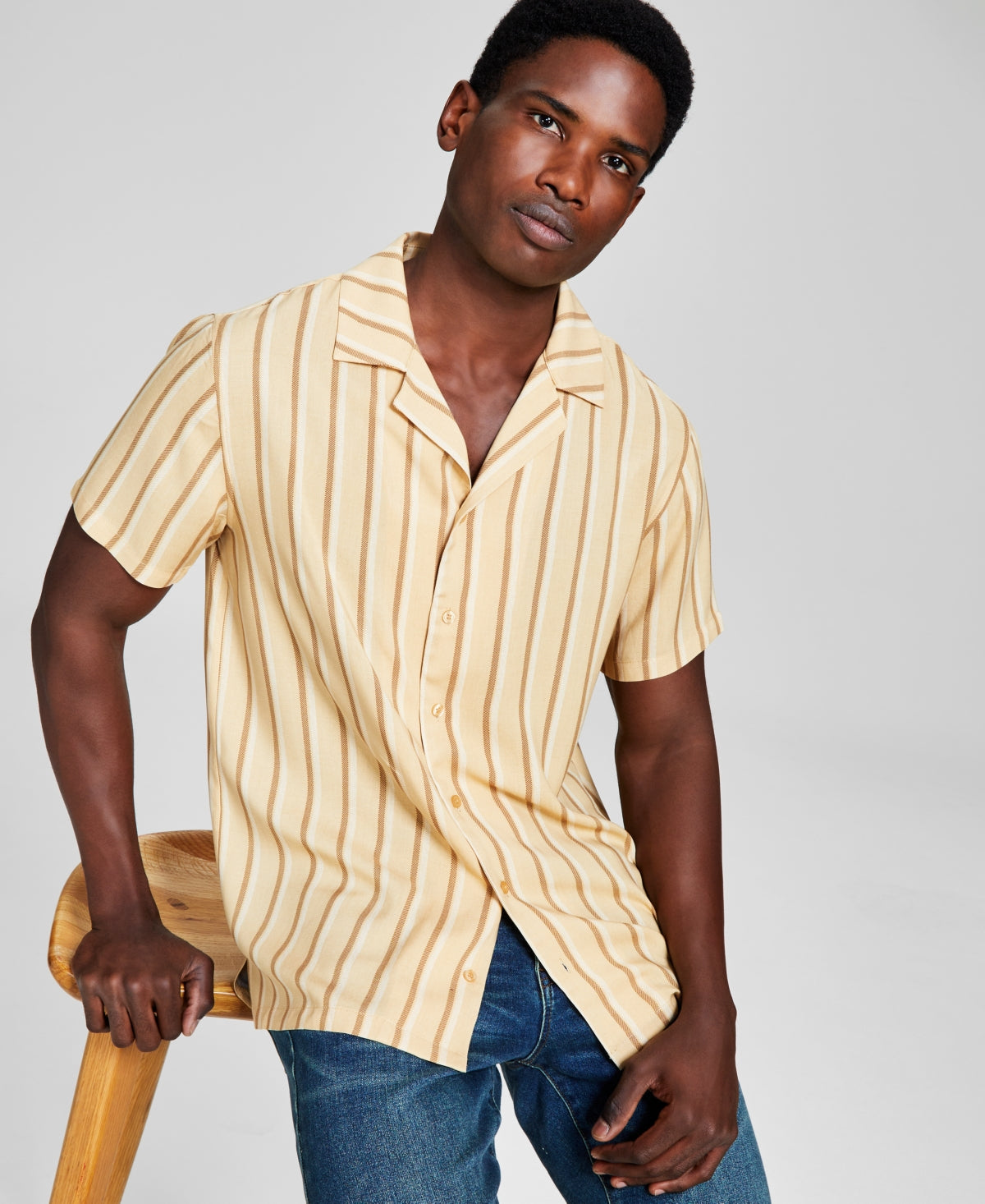 And Now This Mens Striped Short Sleeve Shirt Sand Brown XL