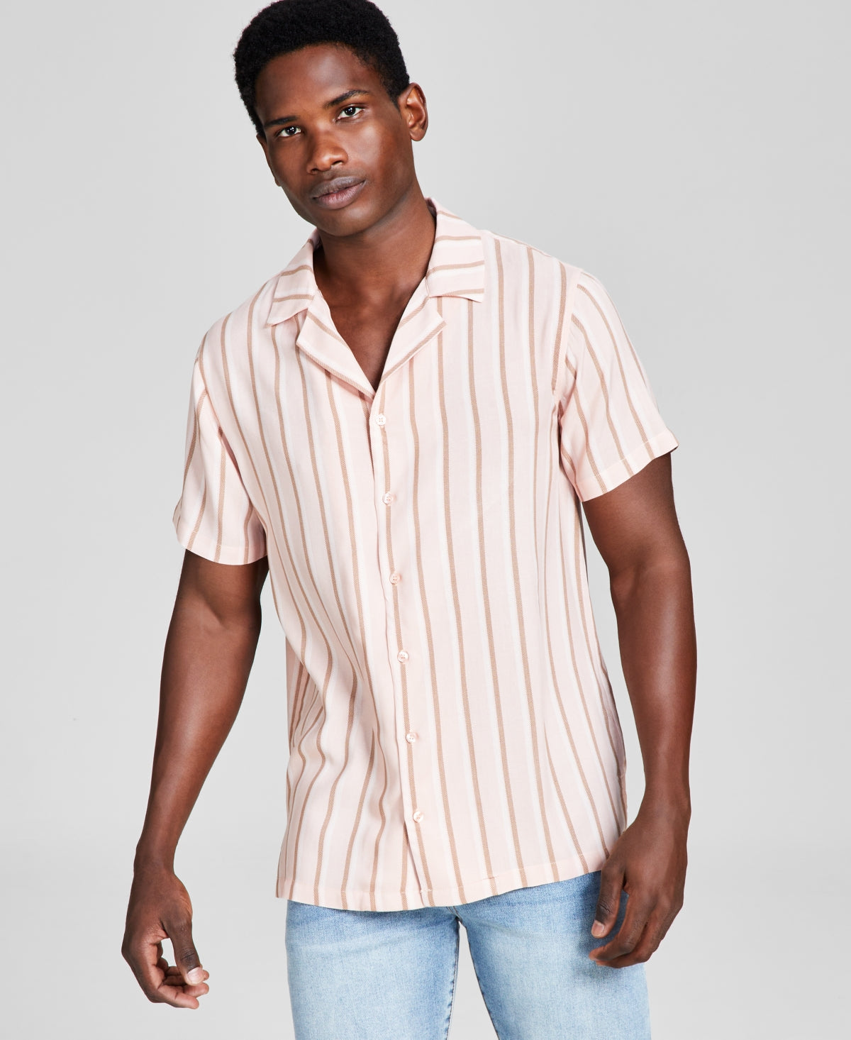 And Now This Men's Striped Short Sleeve Button Down Shirt Rose Brown Medium