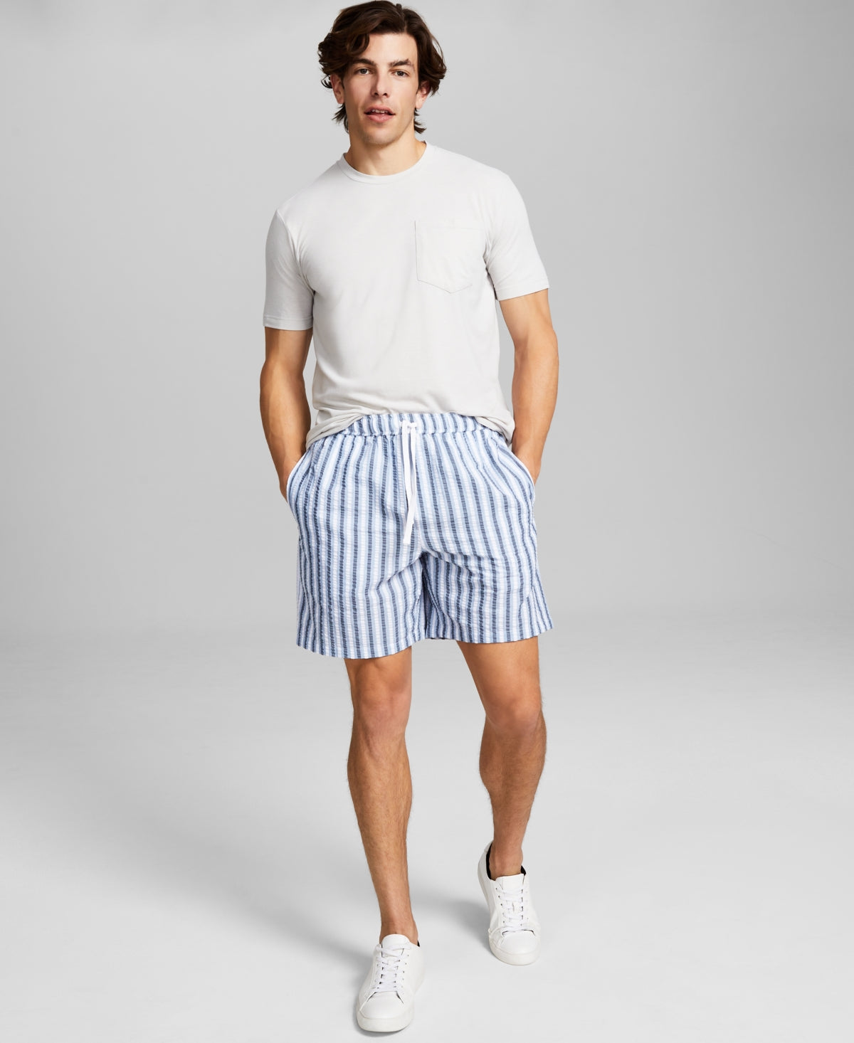 And Now This Men's Seersucker Drawstring Shorts Blue White Stripe XL