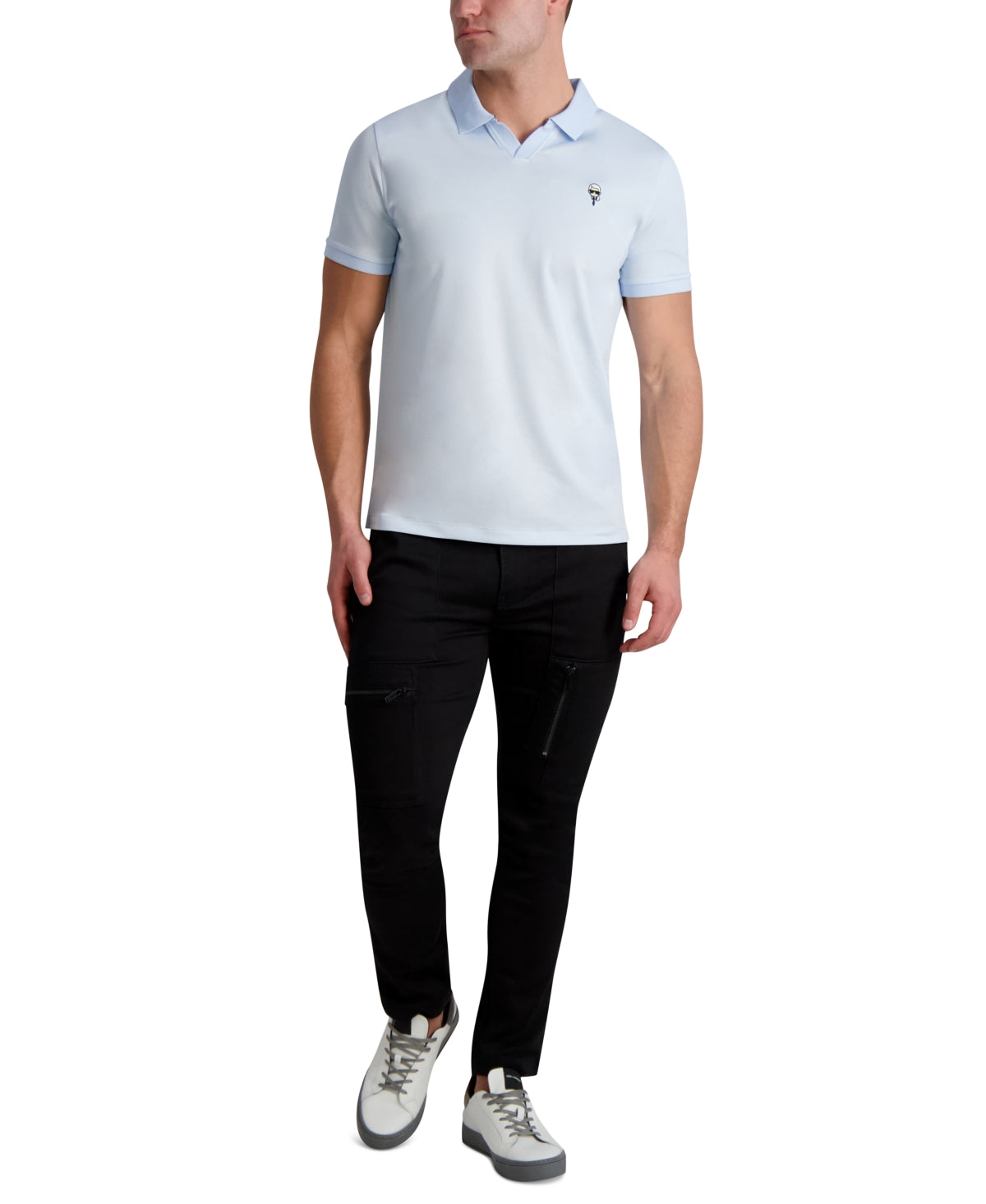 Karl Lagerfeld Paris Men's Open Collar Short Sleeve Polo Shirt Light Blue 2XL