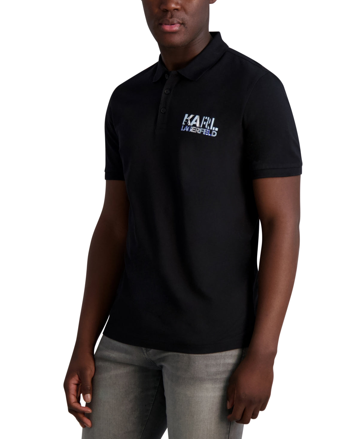 KARL LAGERFELD PARIS Logo Mens Slim Fit Short Sleeve Polo Shirt Black Small