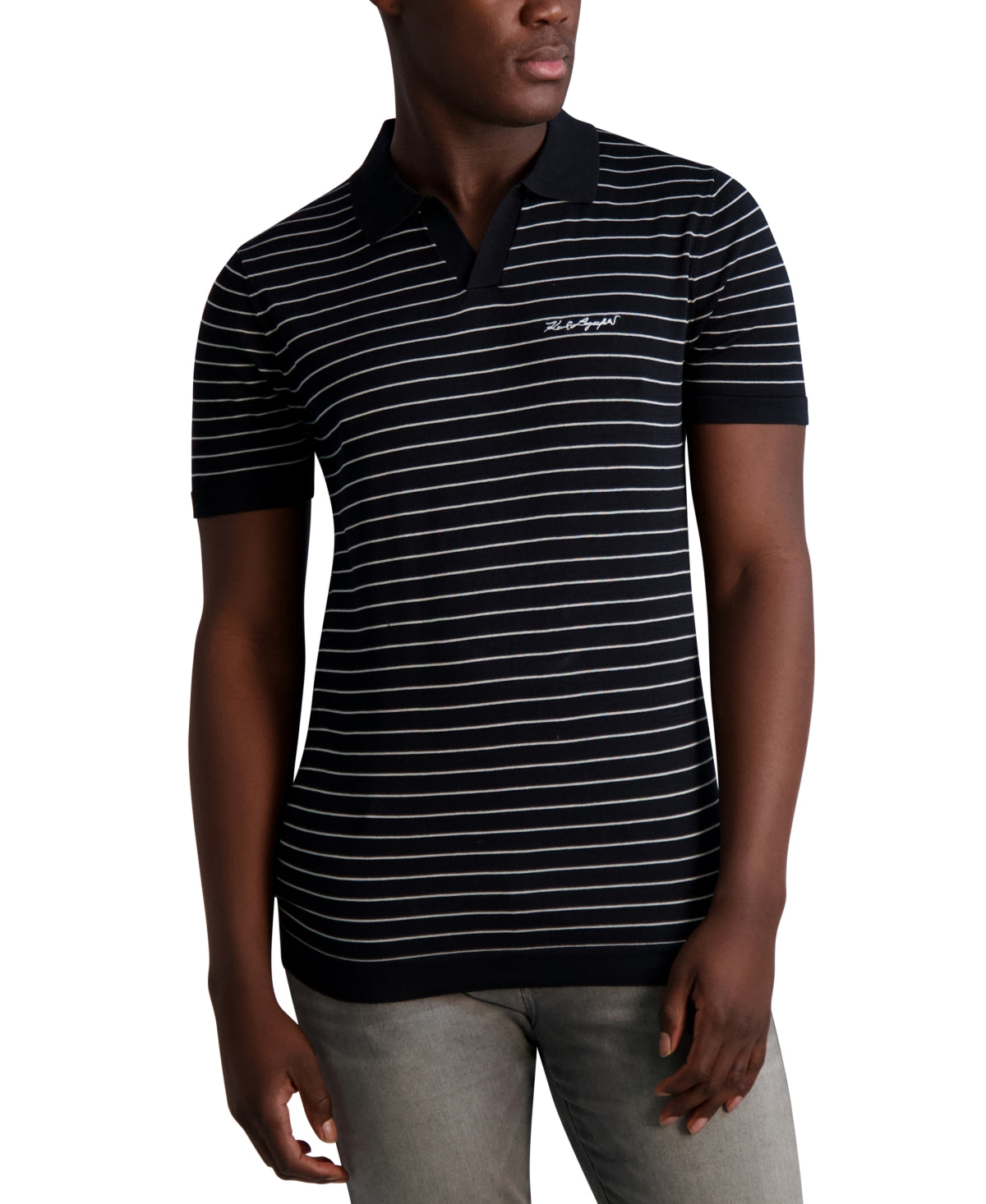 Karl Lagerfeld Paris Men's Slim-Fit Striped Short Sleeve Polo Shirt Black 2XL