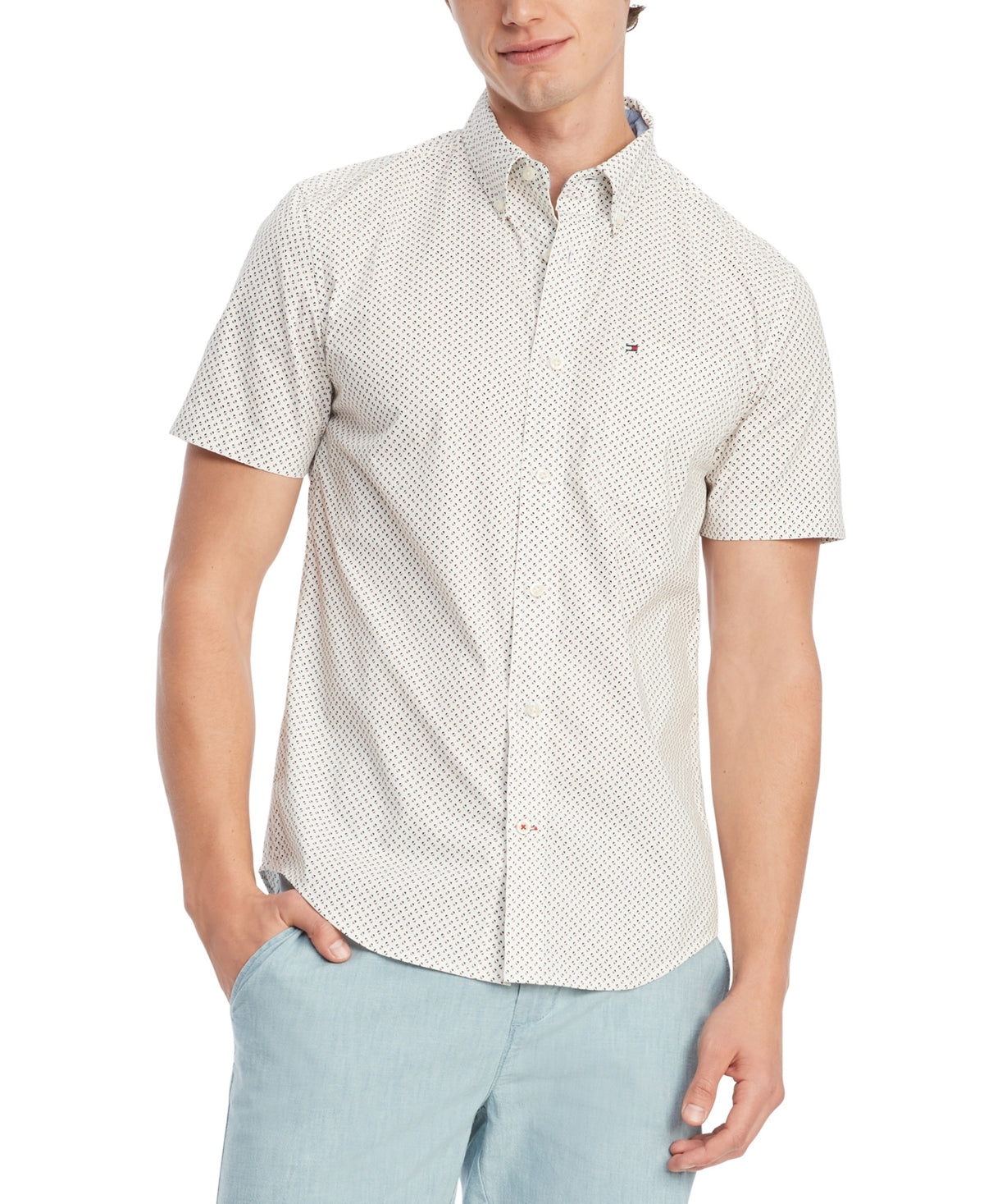 Tommy Hilfiger Men's Big & Tall Geometric-Print Short Sleeve Button Shirt 3XL