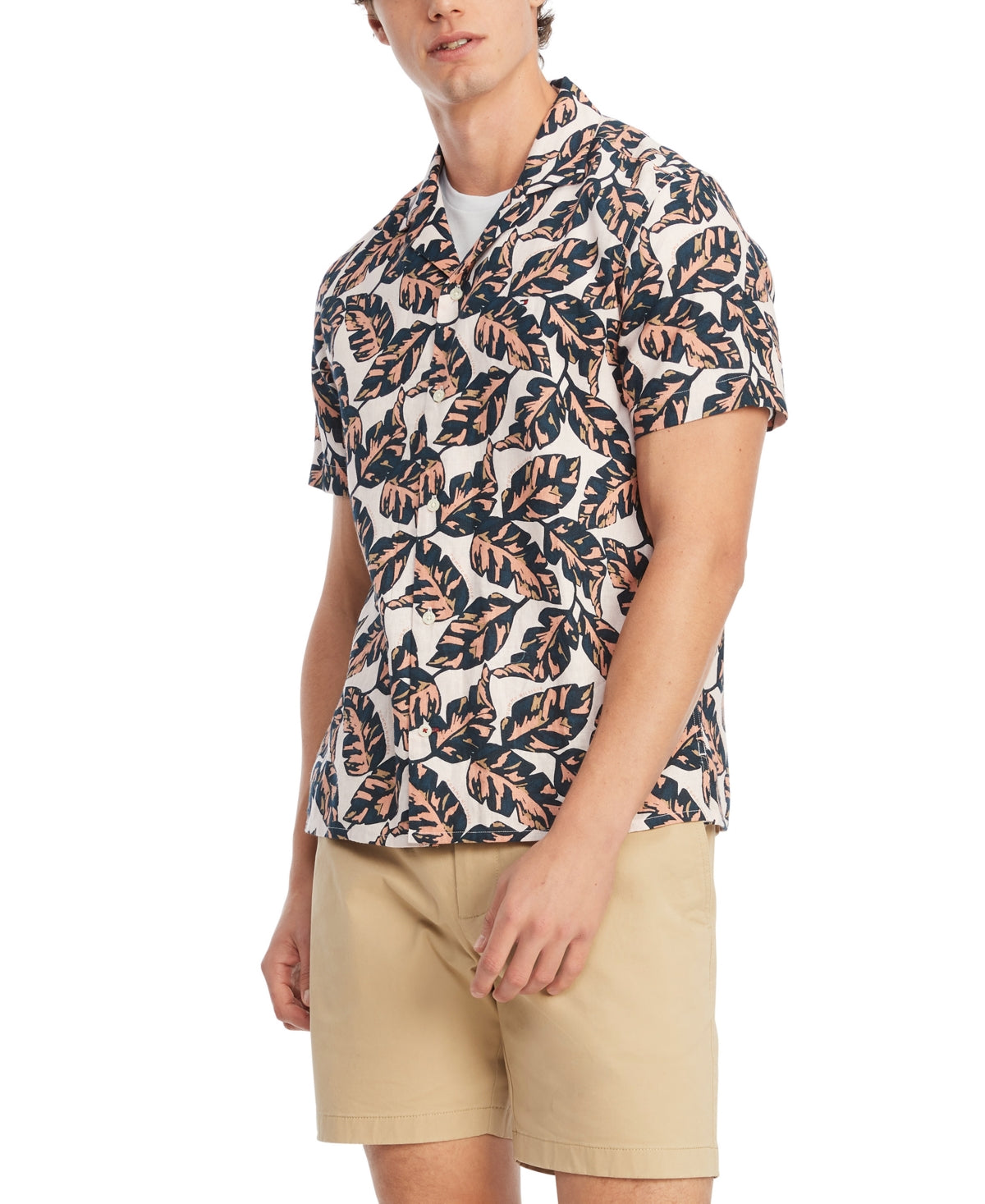Tommy Hilfiger Mens Lou Tropical Print Button Down Camp Shirt Pink Tan 2XL