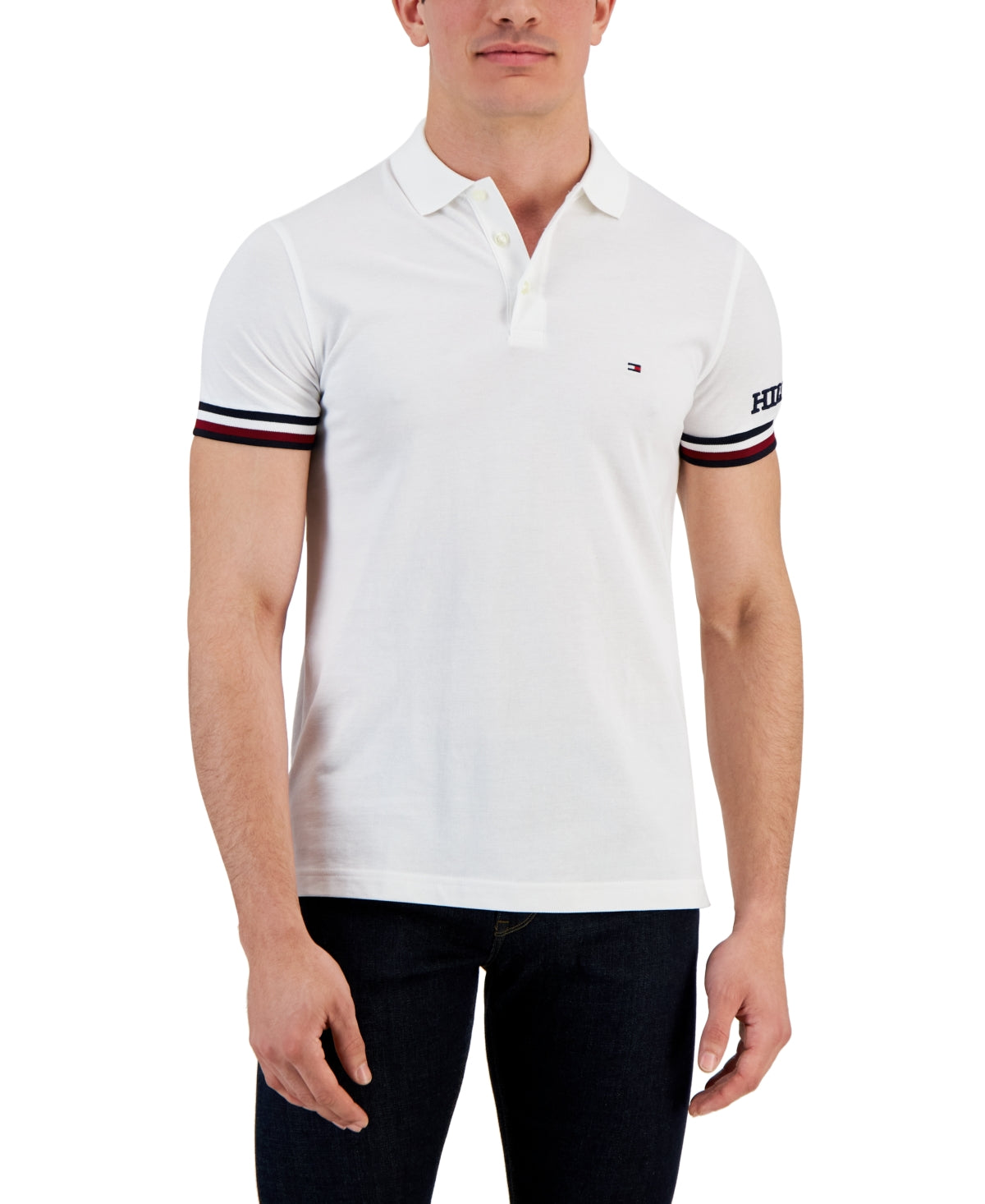 Tommy Hilfiger Men's Monotype Logo Striped Cuff Short Sleeve Polo Shirt White XL