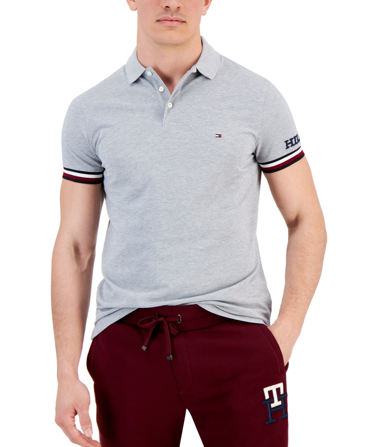 Tommy Hilfiger Mens Monotype Logo Striped Polo Shirt Light Grey XXL
