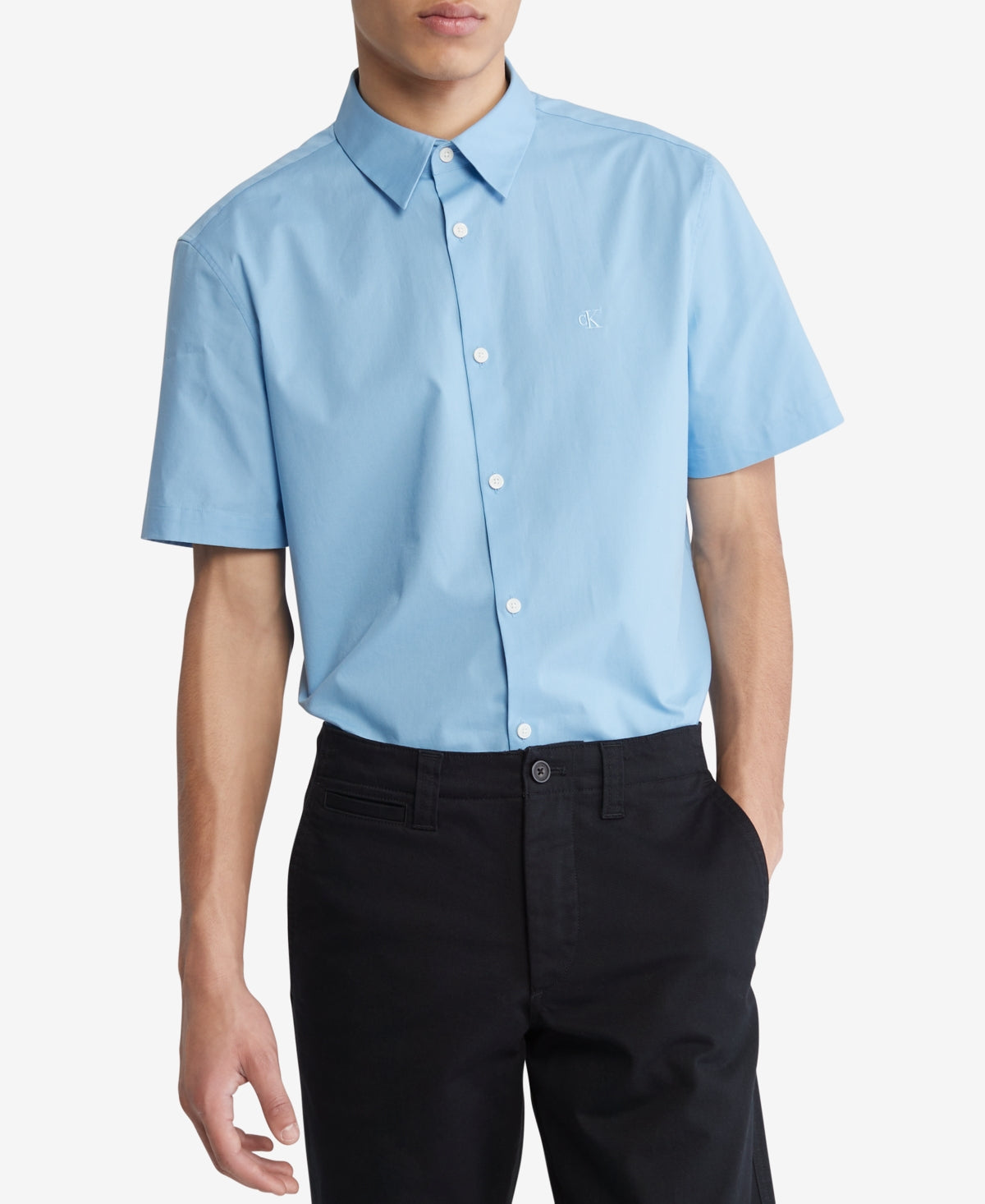 Calvin Klein Mens Collared Slim Fit Short Sleeve Button Down Shirt Blue 2XL