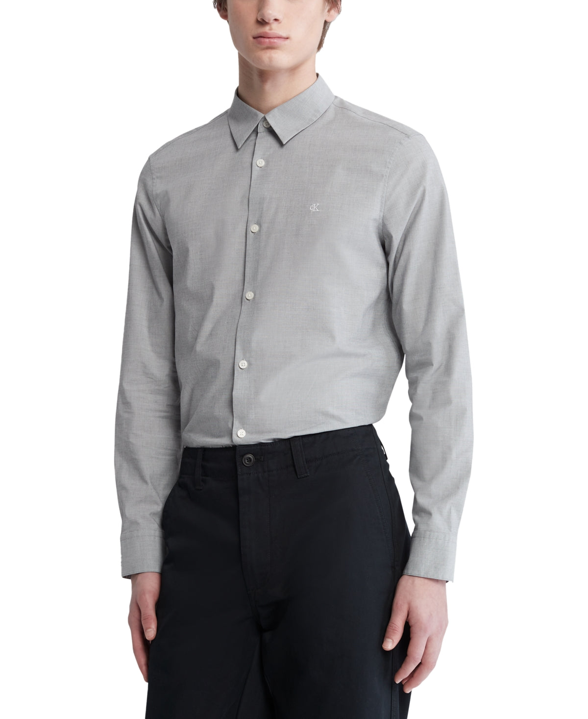 Calvin Klein Mens Slim-Fit Chambray Button Down Dress Shirt Grey Small