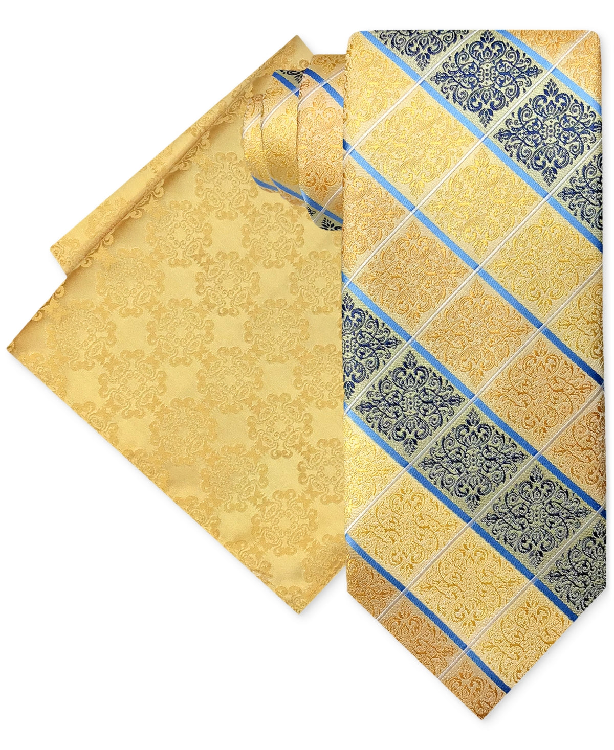 Steve Harvey Men's Classic Ornate Scroll Bow Tie and Pocket Square Yellow