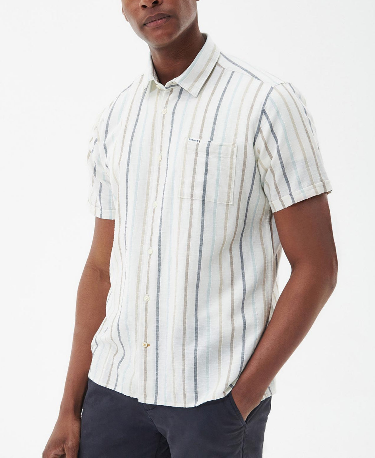 Barbour Mens Roker Short Sleeve Stripe Summer Button Down Shirt Ecru Medium