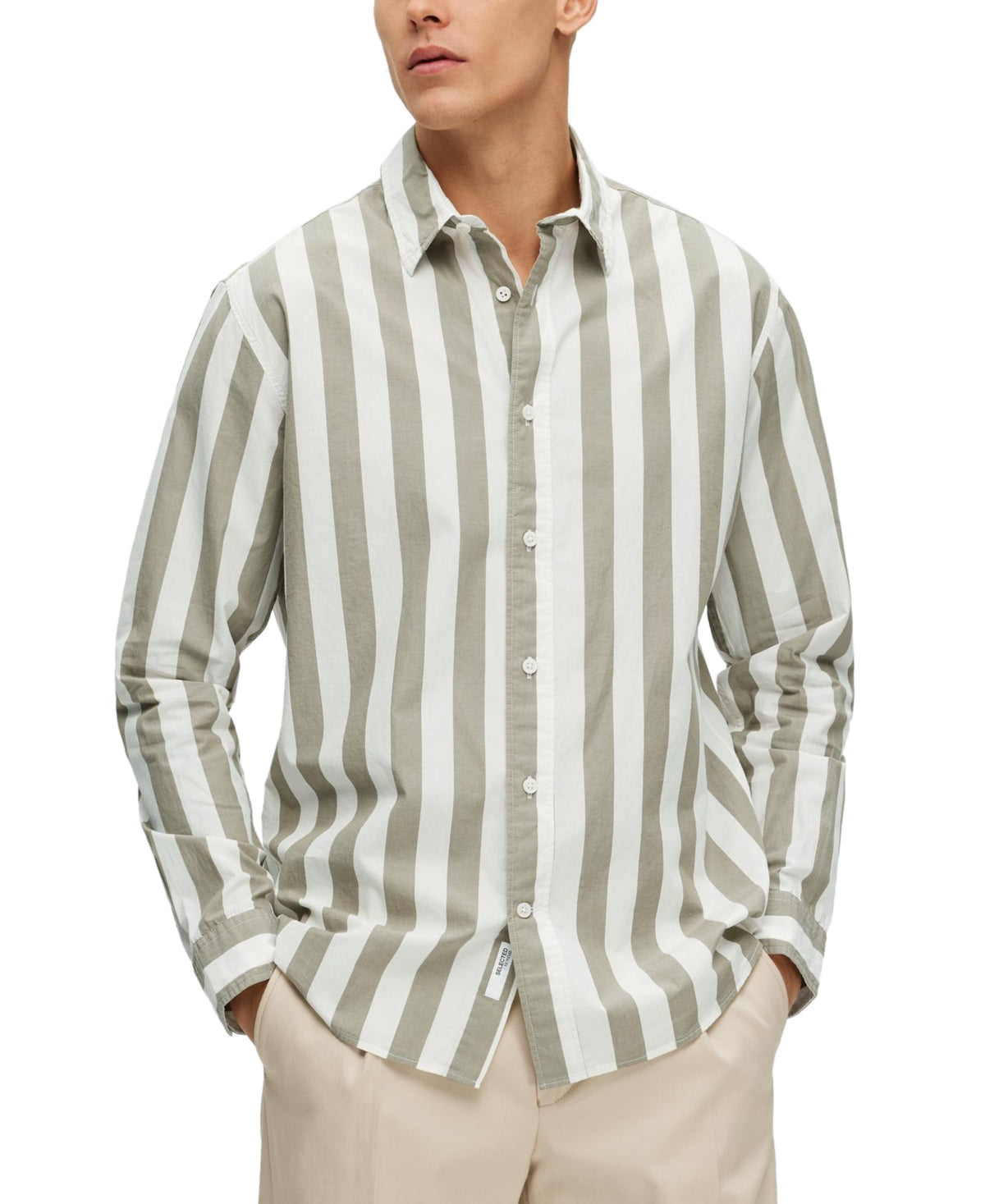Selected Homme Mens Button Down Long Sleeve Shirt White Khaki XL
