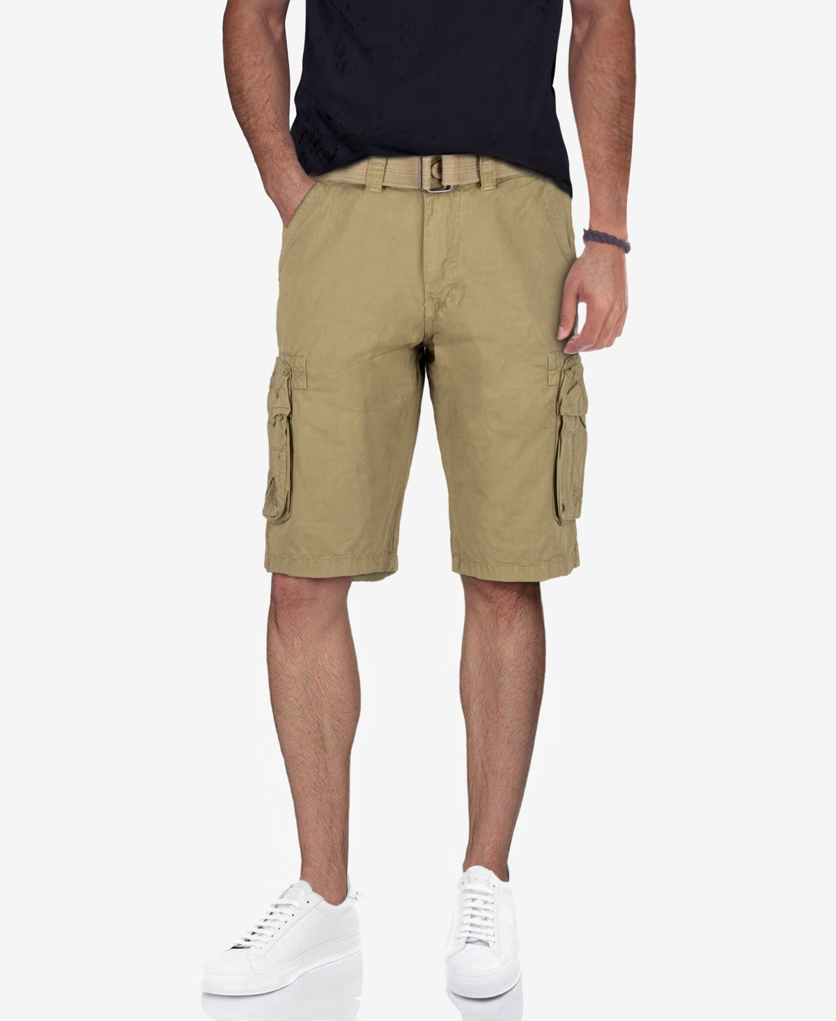 Raw X Mens Belted Double Pocket Cargo Shorts New Khaki 50