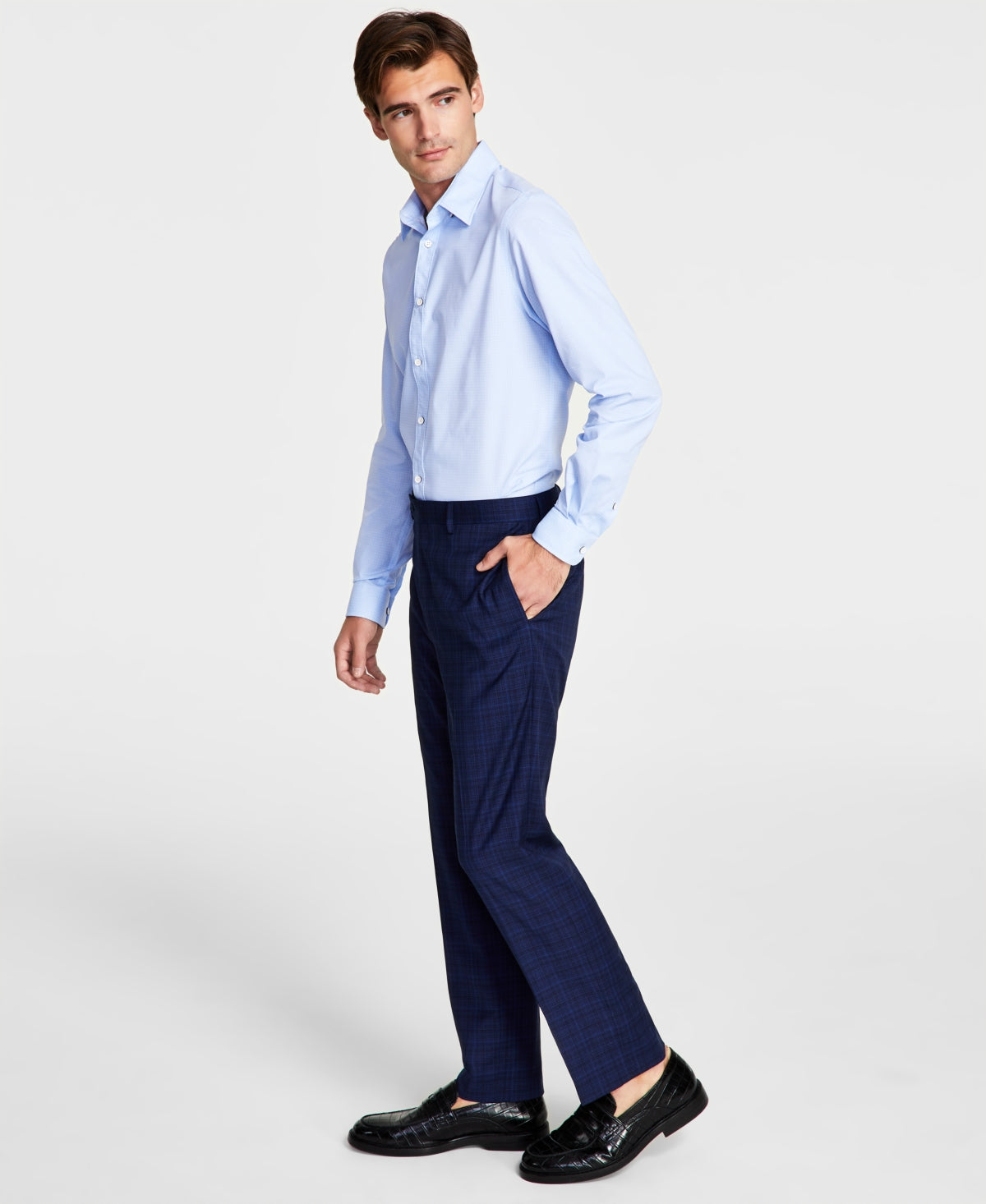 Calvin Klein Men's Slim Fit Plaid Performance Dress Pants Blue 34 X 32