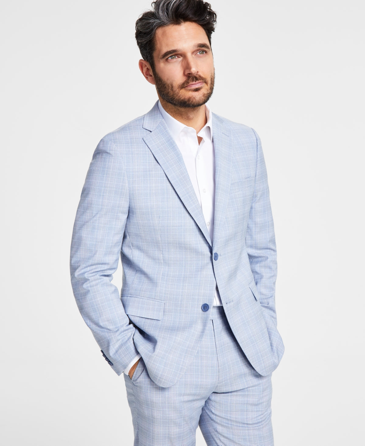 Alfani Mens Slim fit Suit Jacket Blazer 36 S Light Blue Plaid Stretch