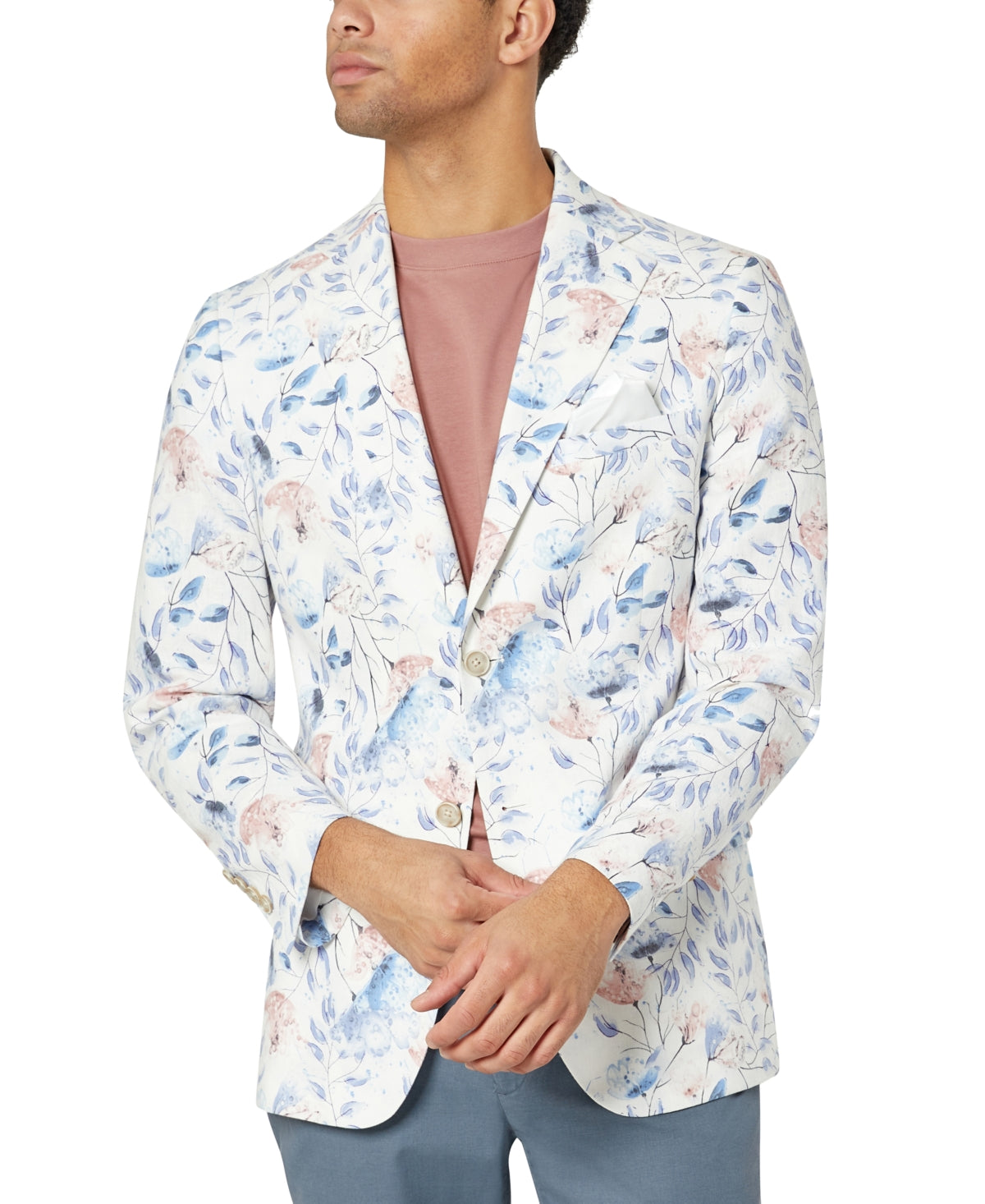 Tallia Mens Slim Fit Floral Linen Sport Coat Mauve Blue 44L