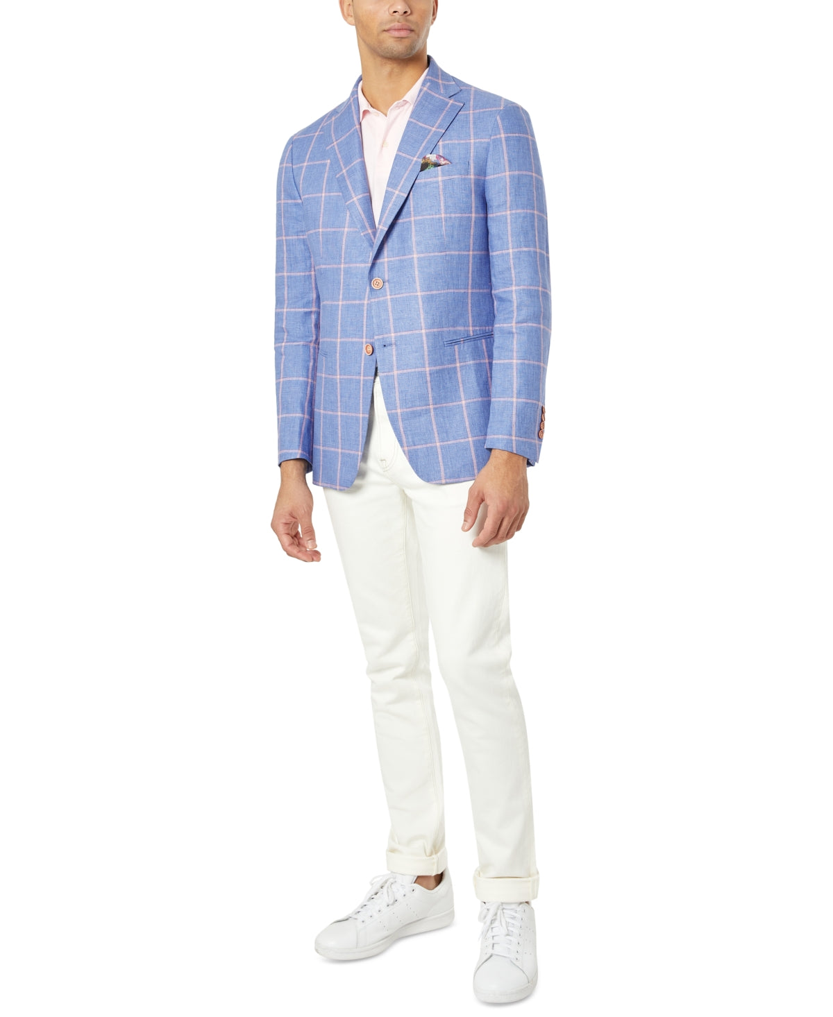 Tallia Mens Slim Fit Linen Blazer Two Button Pink Blue 44L