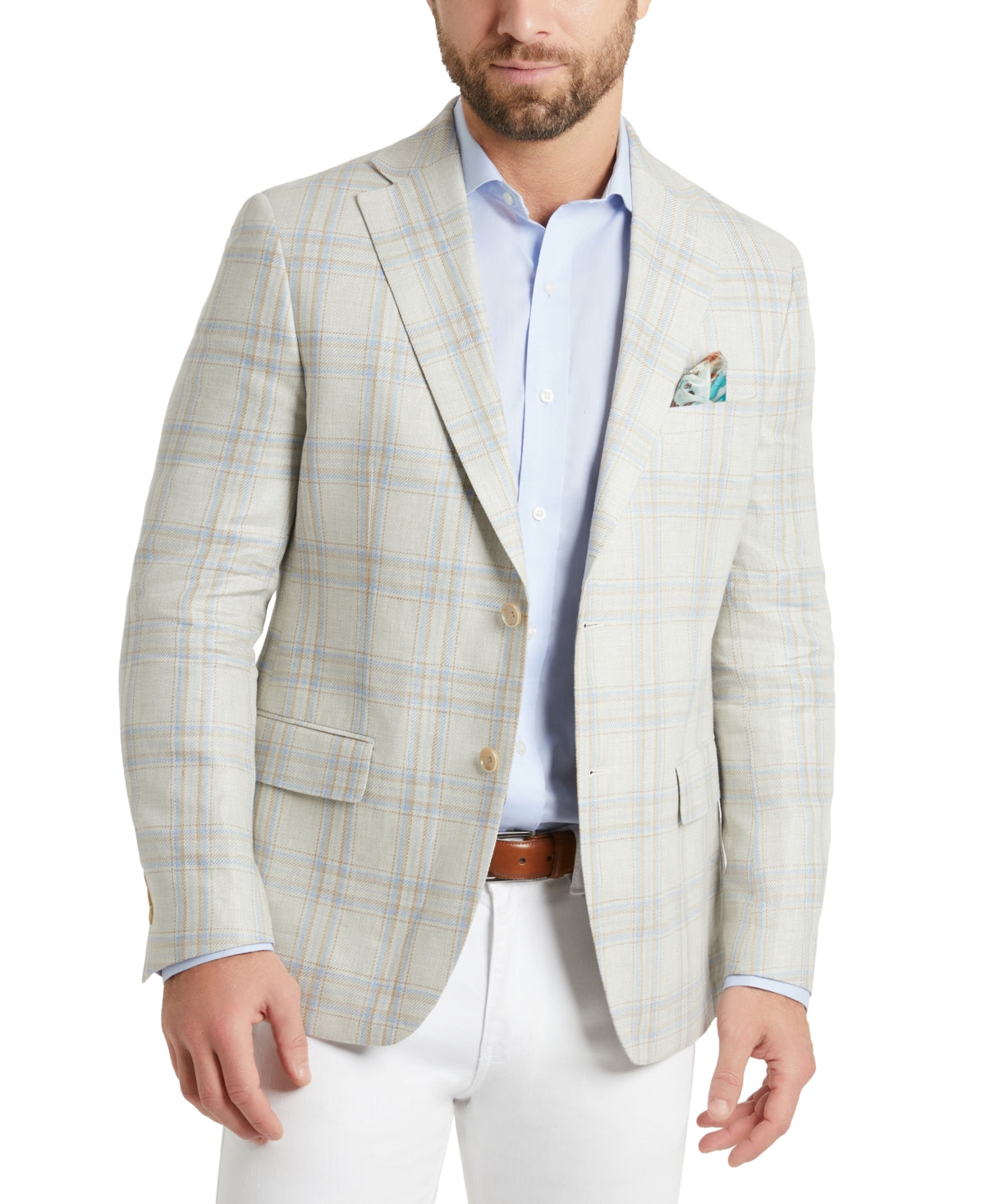 Tallia Mens Slim Fit Linen Sport Coat Blazer Tan Blue 38S Plaid