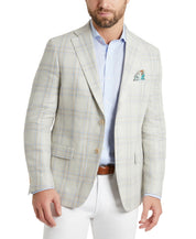 Tallia Mens Slim Fit Plaid Linen Sport Coat Tan Blue 44R