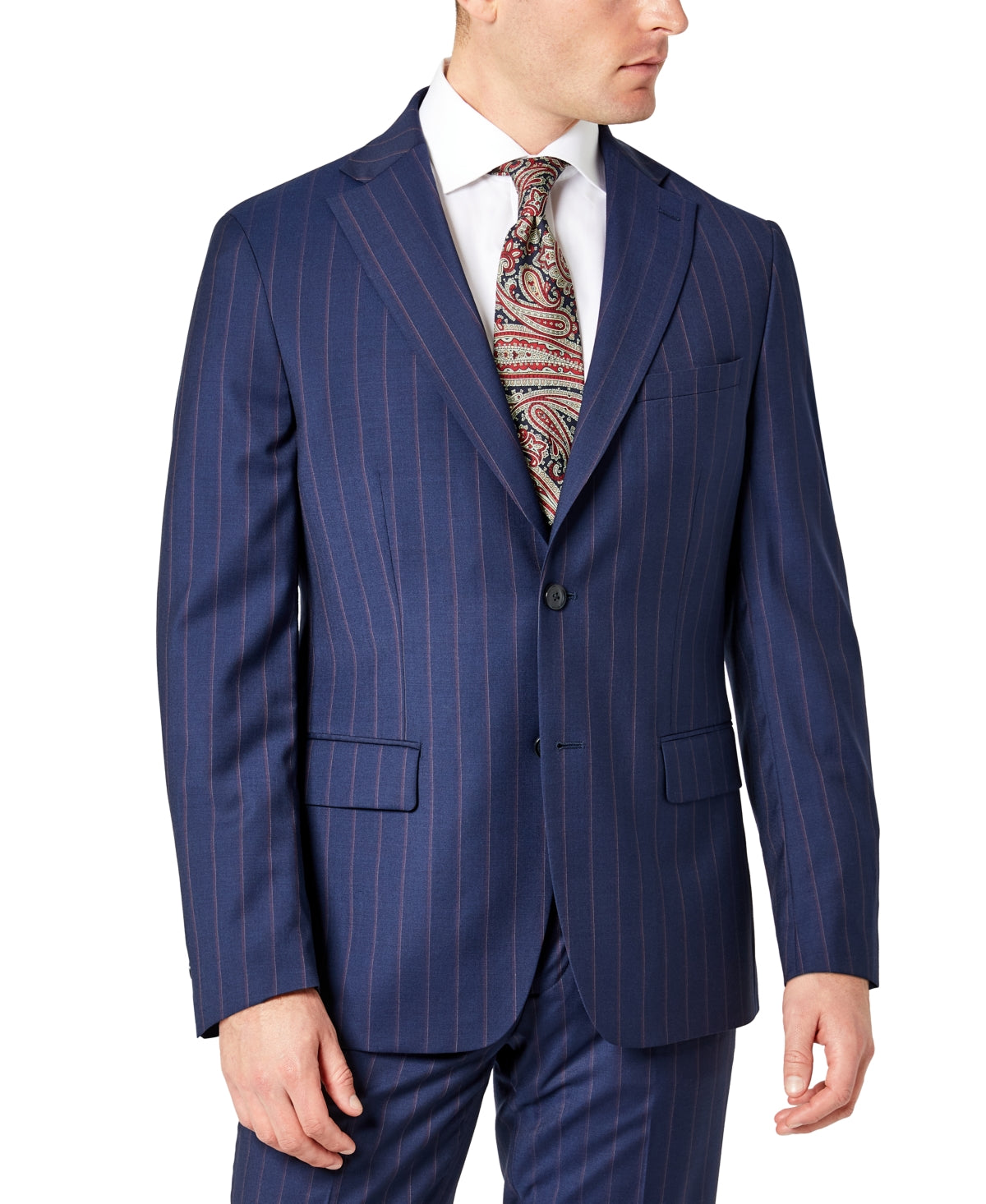 Tallia Mens Slim-Fit Wool Suit Jacket Berry Stripe Blue Red 36S