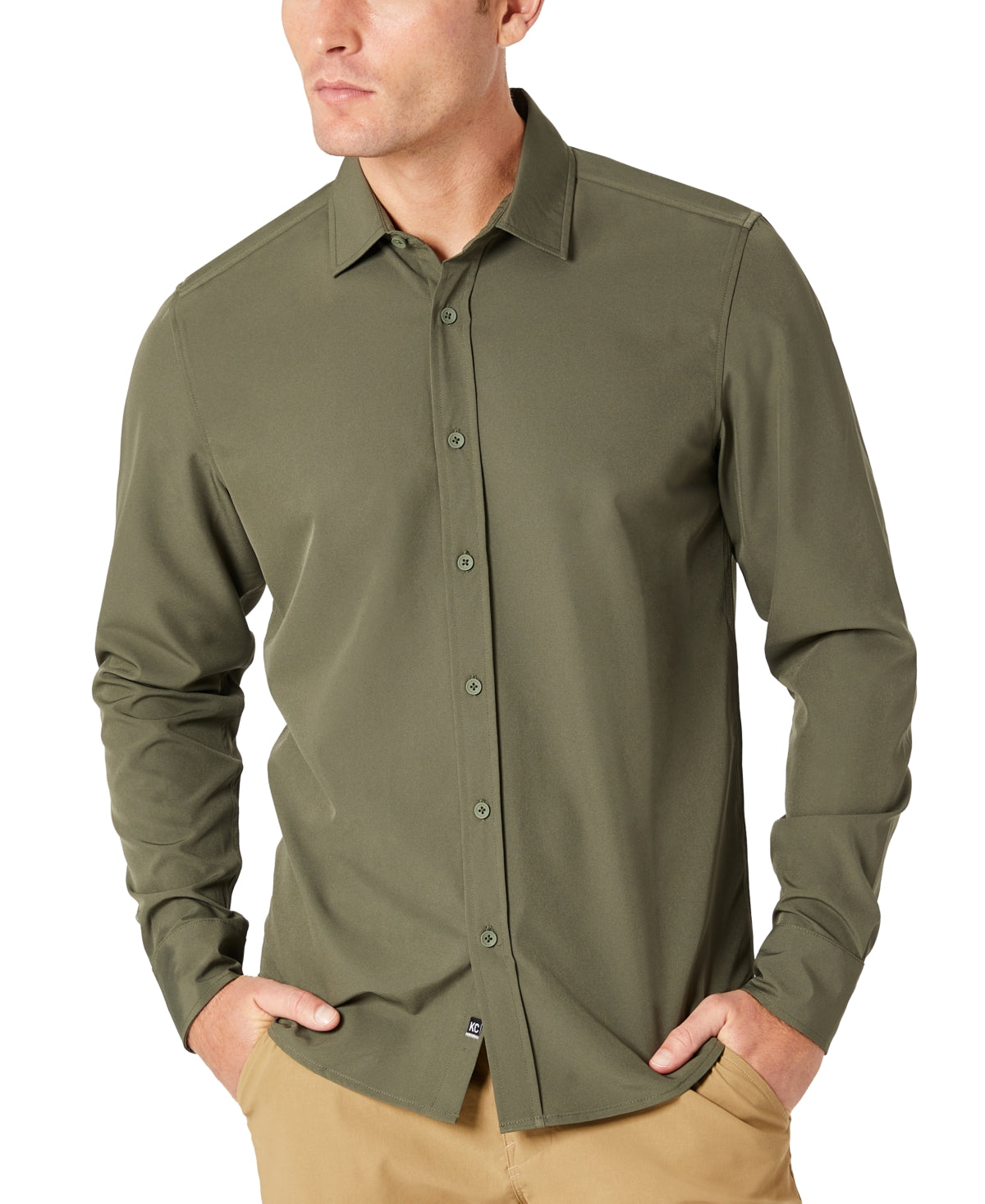 Kenneth Cole Mens Solid Performance Stretch Button Down Shirt Dark Green 2XL