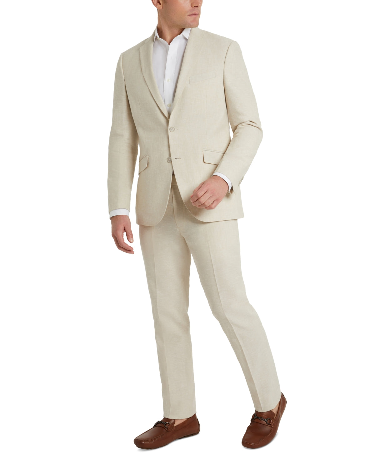 Kenneth Cole Reaction Mens Slim-Fit Stretch Linen 2-Piece Suit Tan 42R 33X32