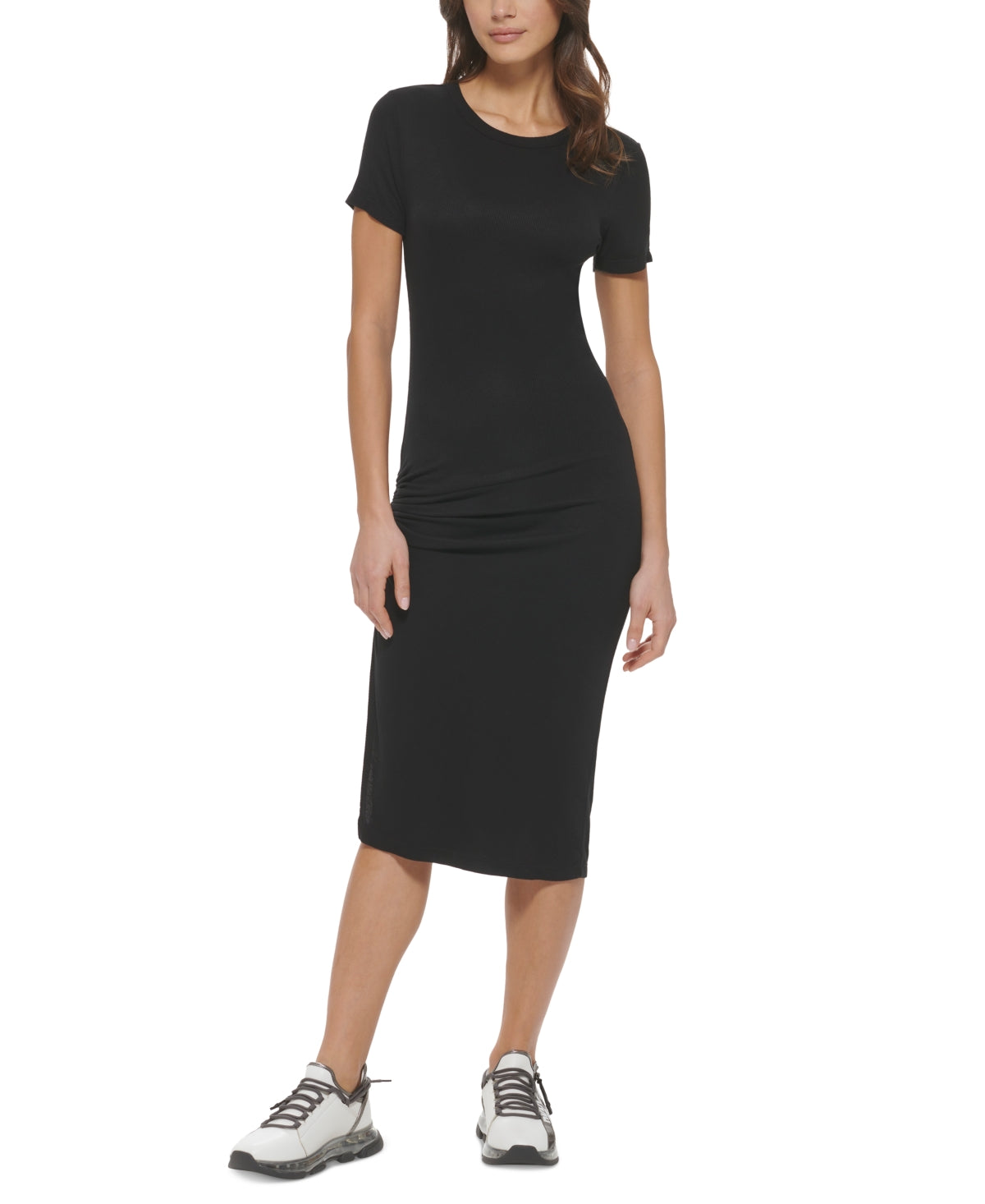 DKNY Womens Regular fit Short Sleeve Casual Ribbed Knit Dress XL Black Solid