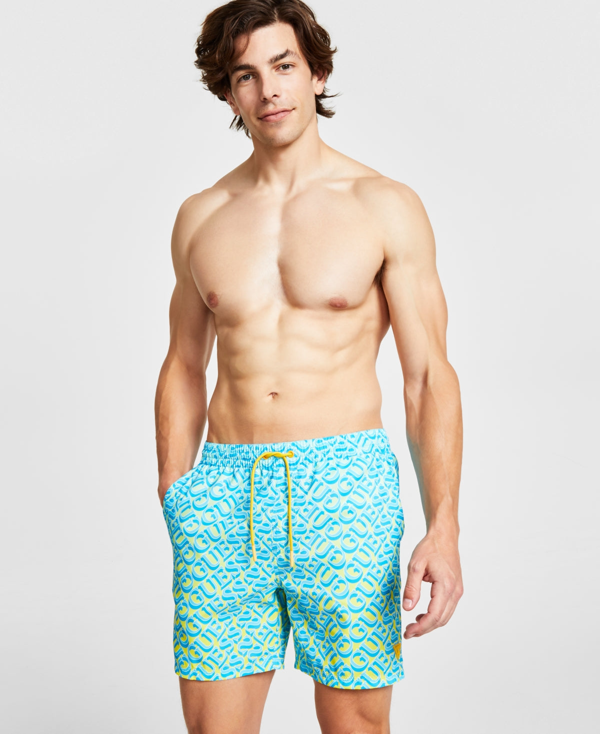 Guess Men's Eco Island Graphic Drawstring Swim Trunks Lime Blue Small