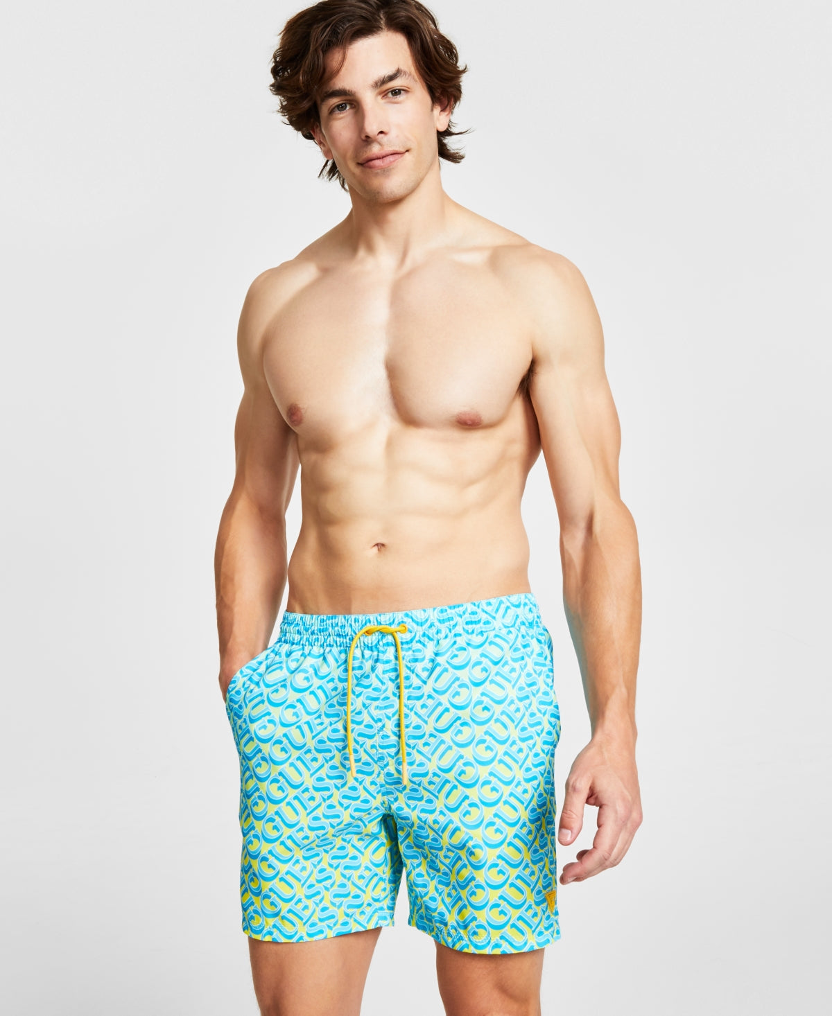 Guess Men's Eco Island Graphic Drawstring Swim Trunks Lime Blue 2XL