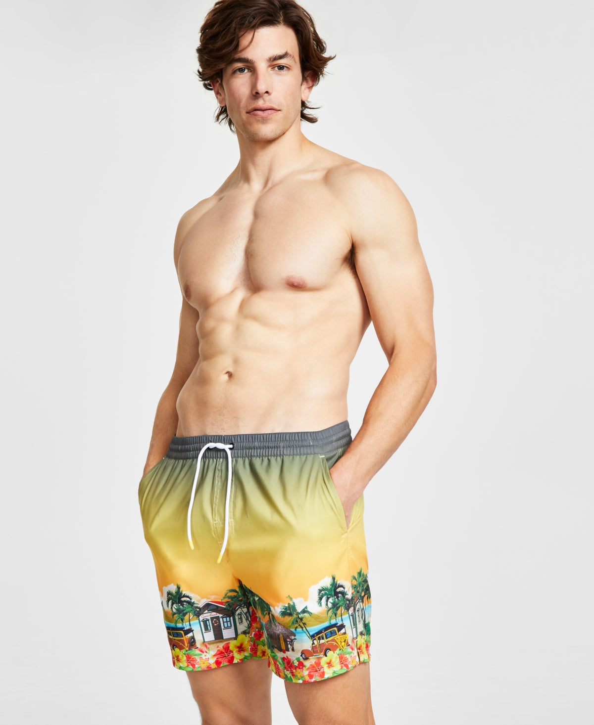 Guess Men's Hawaii Tropical Print Drawstring Swim Trunks Yellow Medium