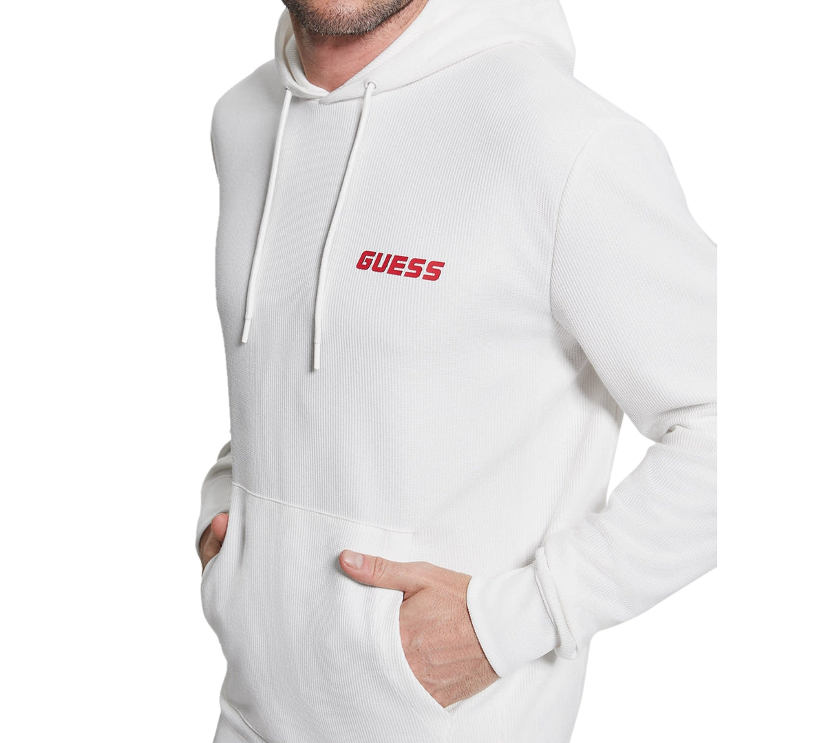 GUESS Mens Eco Korbin Thermal Hoodie Sweatshirt Large White
