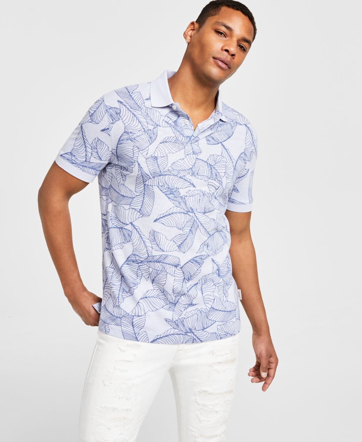 Guess Men's Leaf Print Short Sleeve Polo Shirt Blue Small