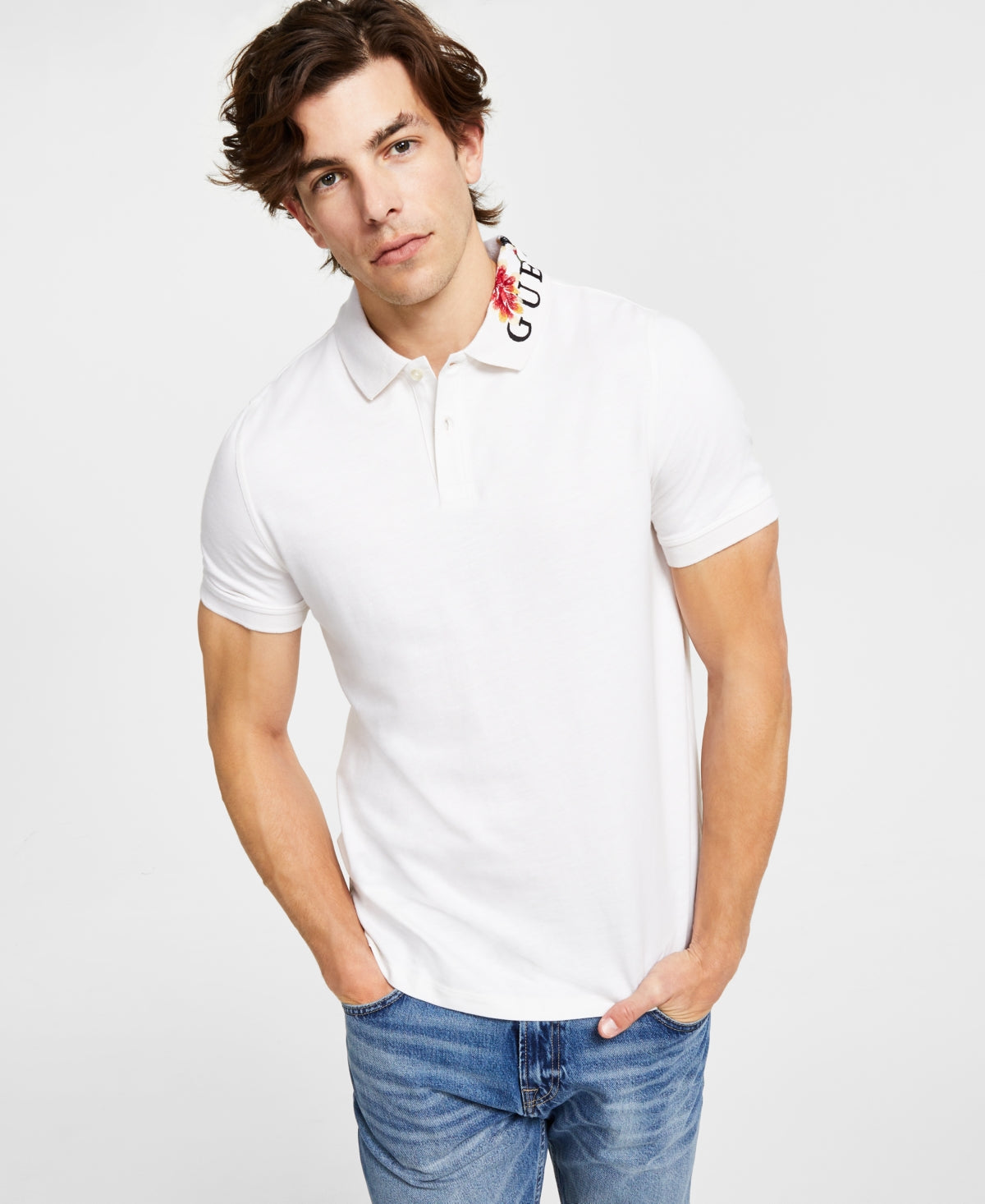 Guess Mens Embroidered Floral Short Sleeve Polo Shirt Ice Large