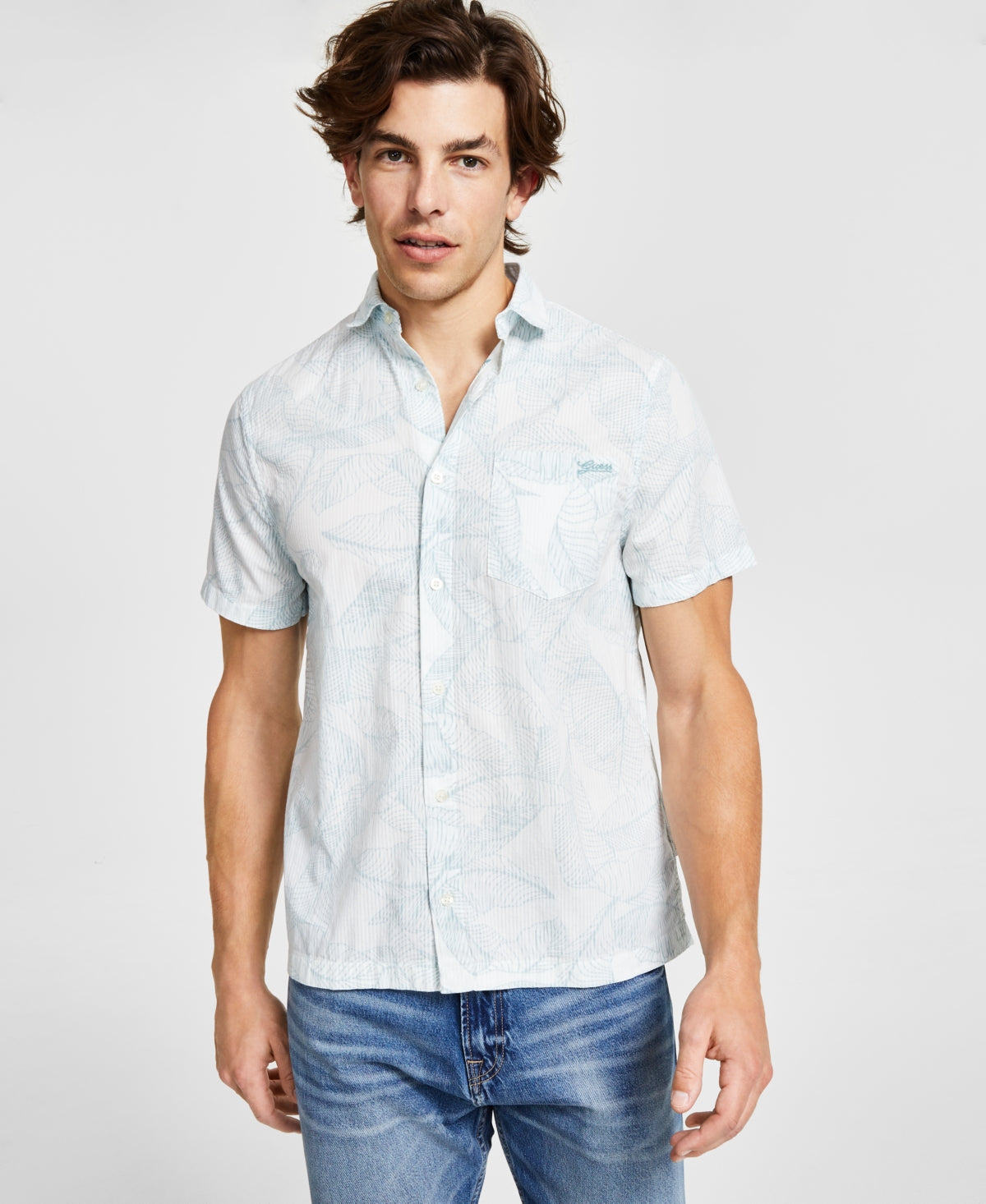 GUESS Mens Collins Stencil Leaf Print Button Down Shirt Lagoon Medium