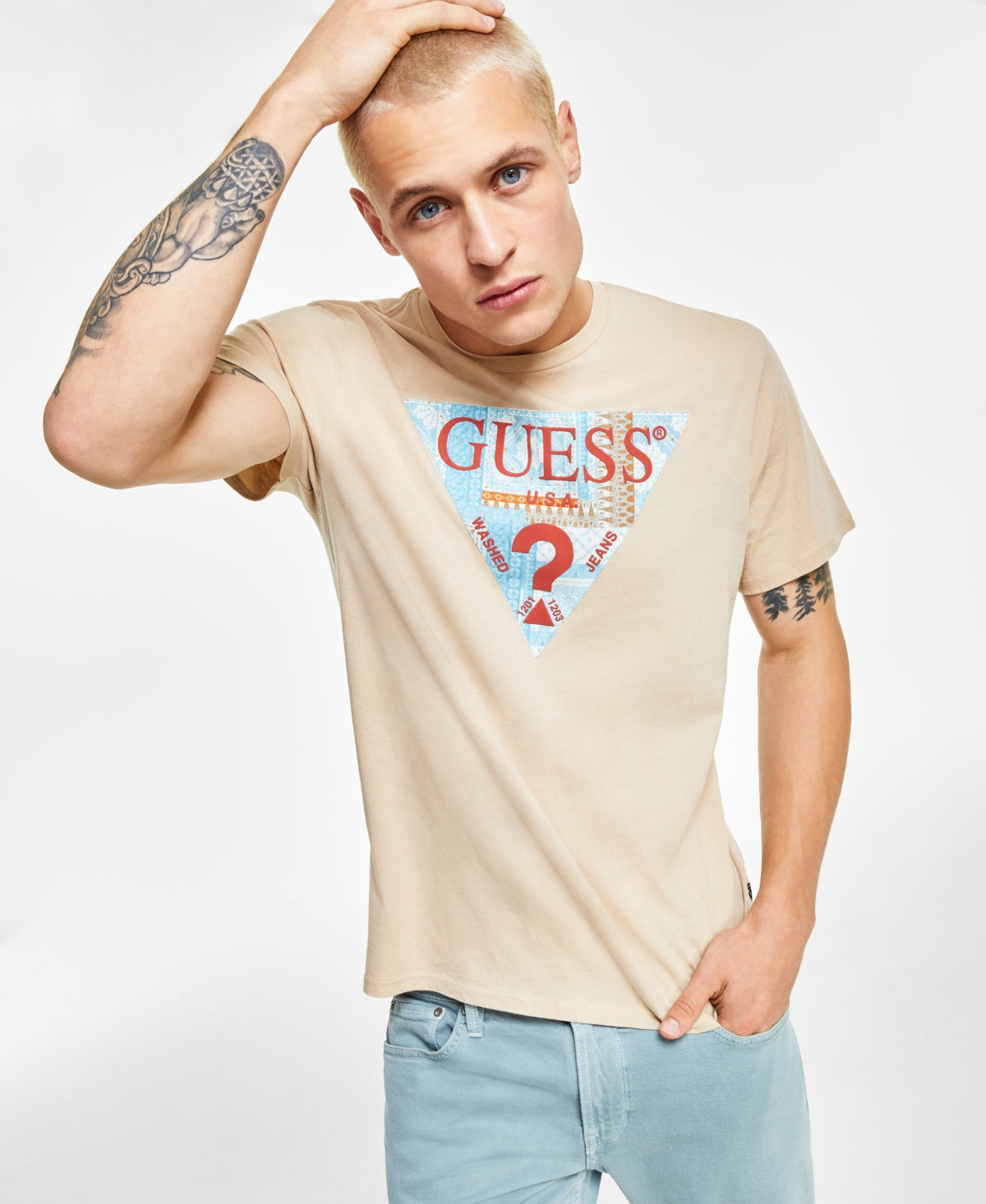 GUESS Men's Mosaic Triangle Logo Graphic Short Sleeve T Shirt Tan Small