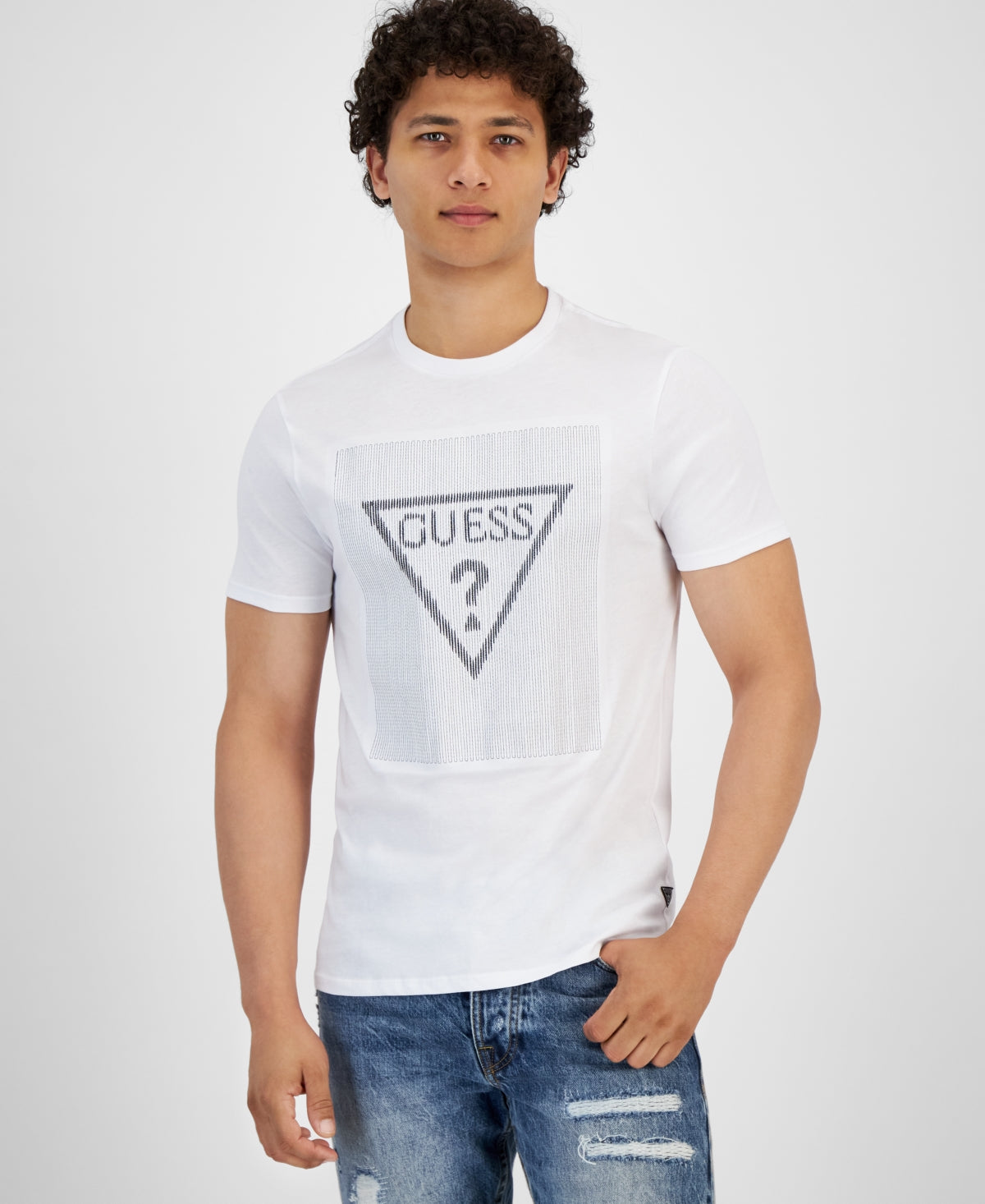 Guess Men's Stitch Triangle Logo Short Sleeve Crewneck T Shirt Pure White 2XL