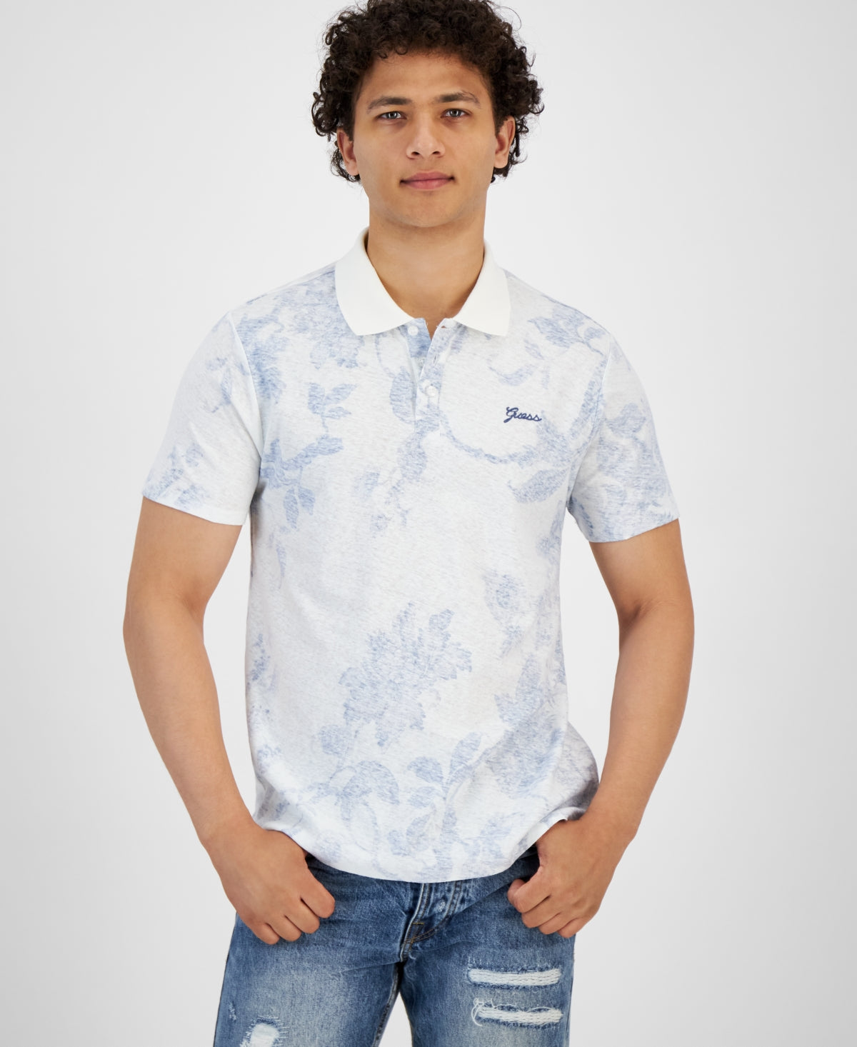 GUESS Men's Porcelain Print Short-Sleeve Polo Shirt White XL