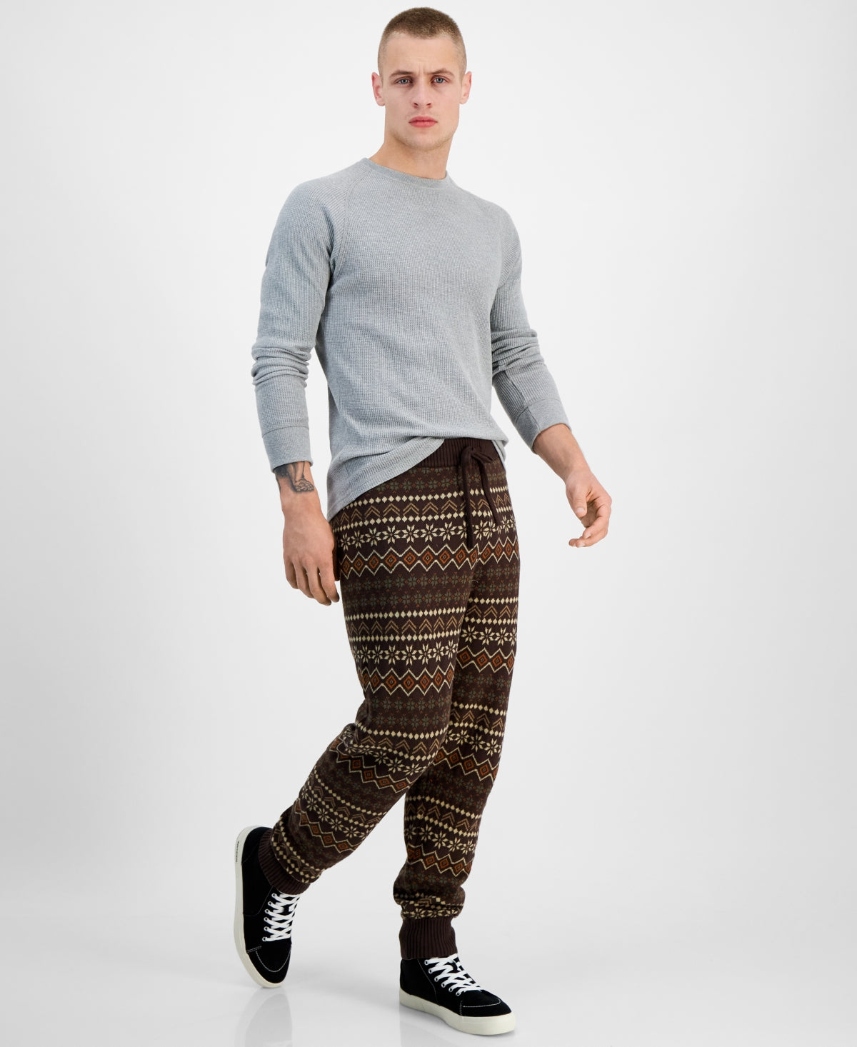 Sun + Stone Men's Fair Isle Knit Jogger Pants Green Large