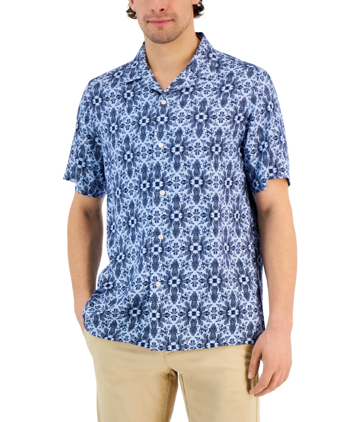 Club Room Mens Silk Floral Medallion Shirt Blue Small