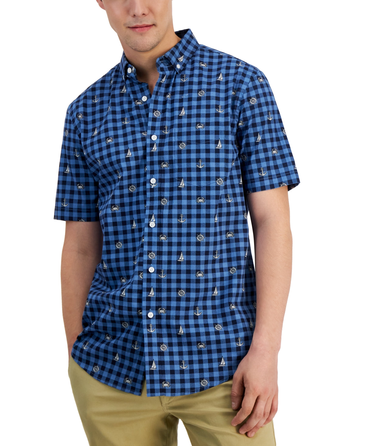 Club Room Mens Peter Classic Fit Button Down Short Sleeve Shirt Navy Blue Small