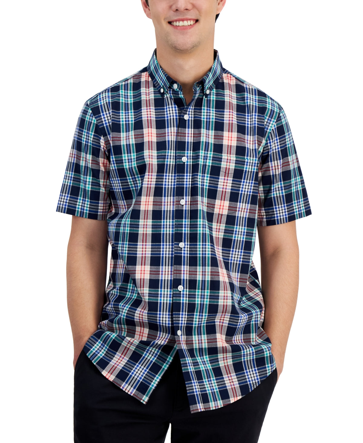 Club Room Mens Button Down Shirt Nomad Plaid Navy Blue Small