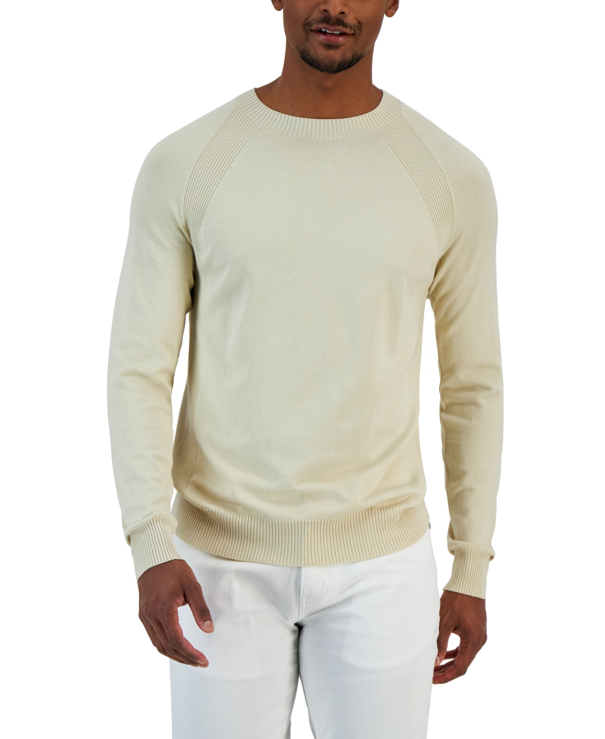 Alfani Mens Crewneck Ribbed Raglan Sweater Tan Large