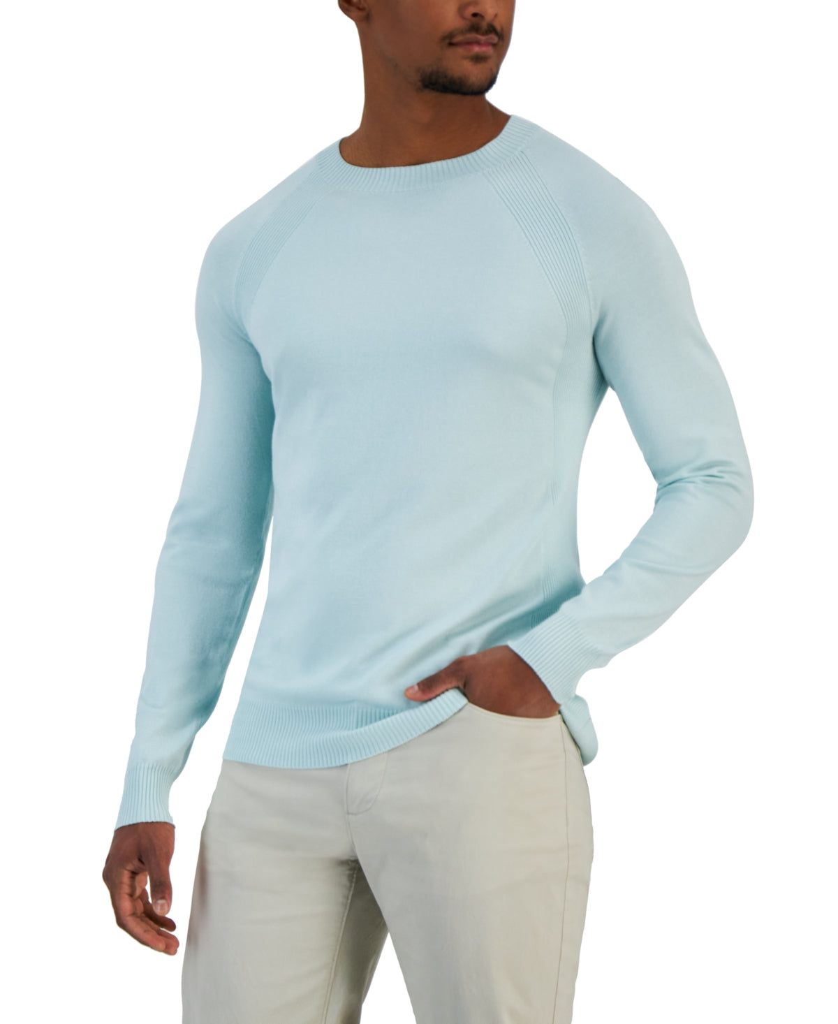 Alfani Mens Ribbed Raglan Crewneck Sweater Minnow Light Blue XL