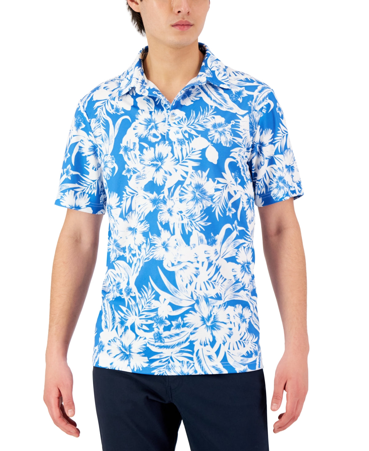 Club Room Mens Vivi Floral Tech Button Polo Shirt Blue Small