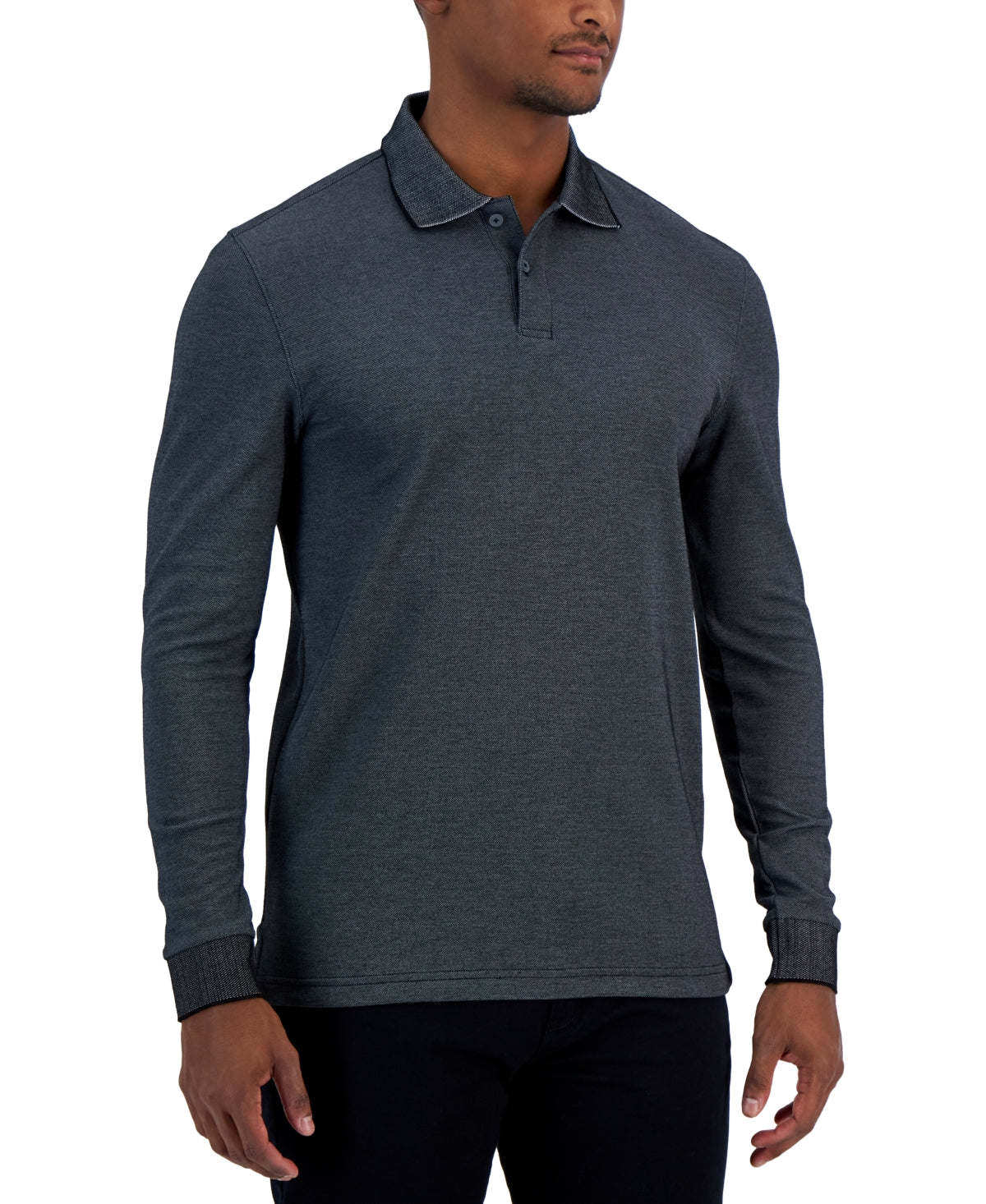 Alfani Mens Regular fit Long Sleeve Polo Shirt Small Black Solid
